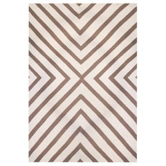 Modern Handwoven Flat-Weave Wool Kilim Beige and White Zebra Geometric