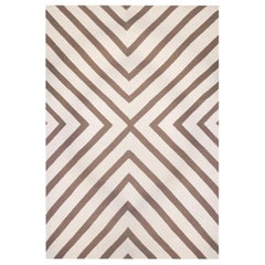 Contemporary Handwoven Flat-Weave Wool Kilim Beige and White Zebra