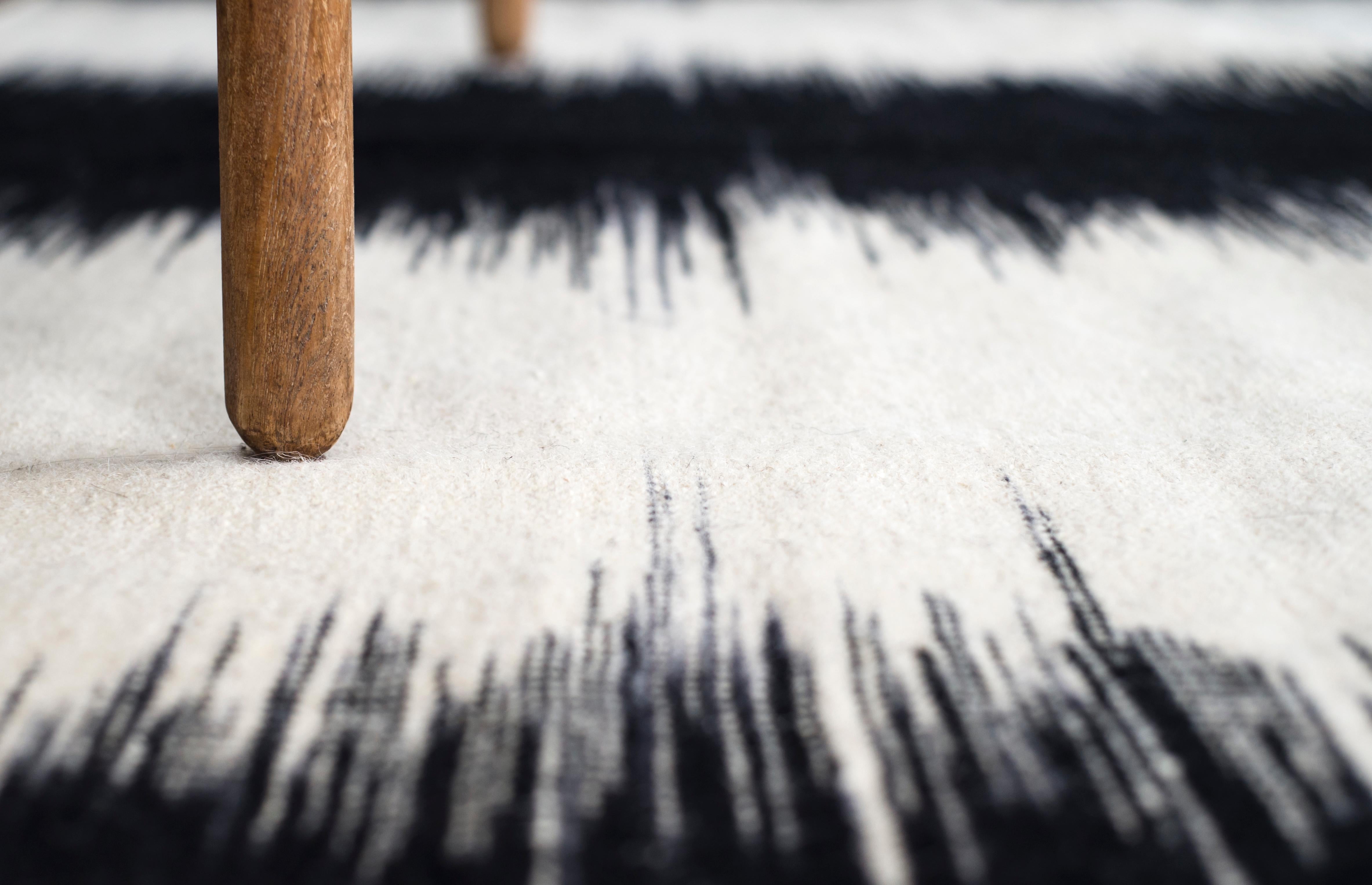 Contemporary Modern Handwoven Flat-Weave Wool Kilim Rug Black and White Blurred For Sale