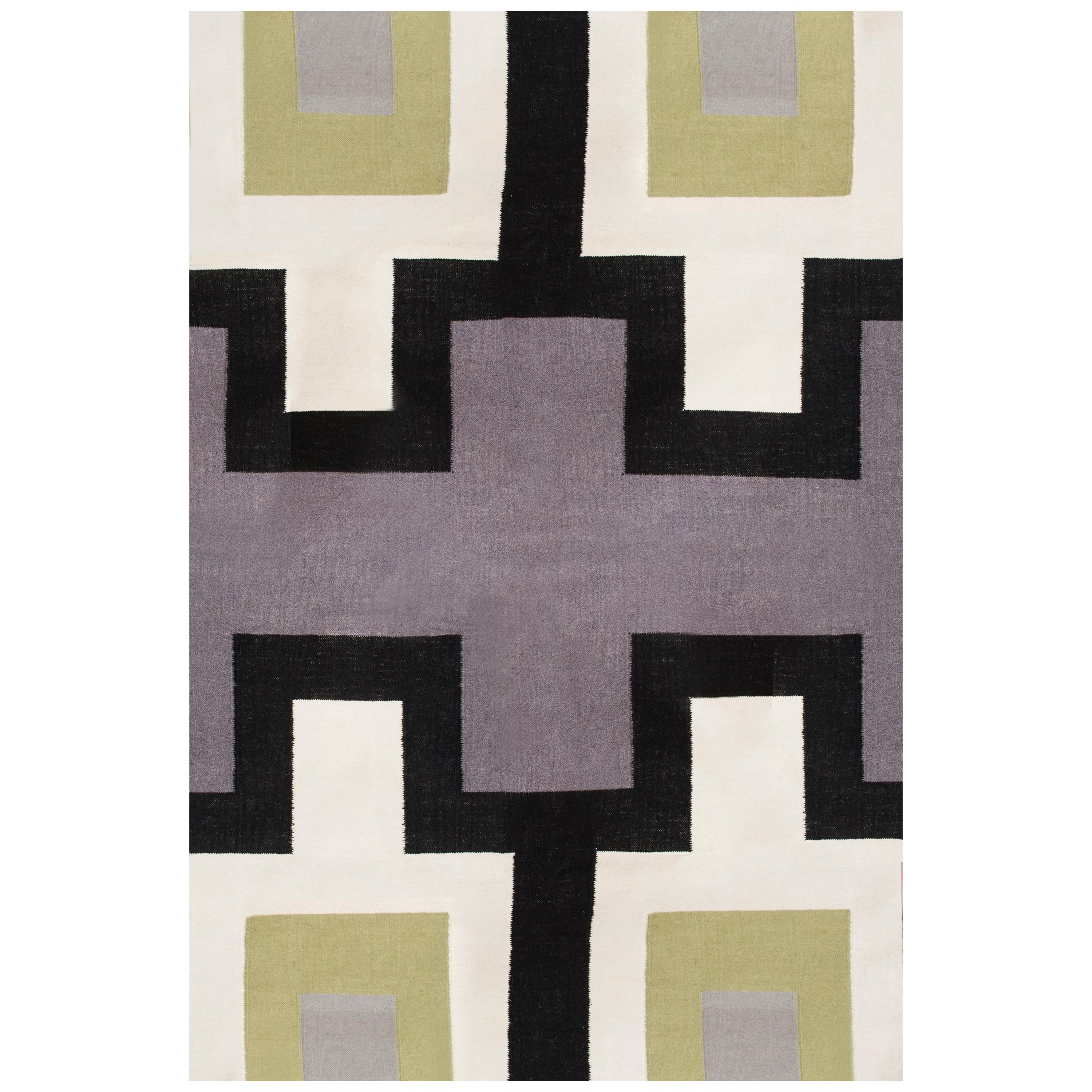 Modern Handwoven Flat-Weave Wool Kilim Rug Black Blue Green White Geometric For Sale