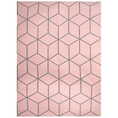 Contemporary Handwoven Flat-Weave Wool Kilim Rug Light Pink and Grey Geometric
