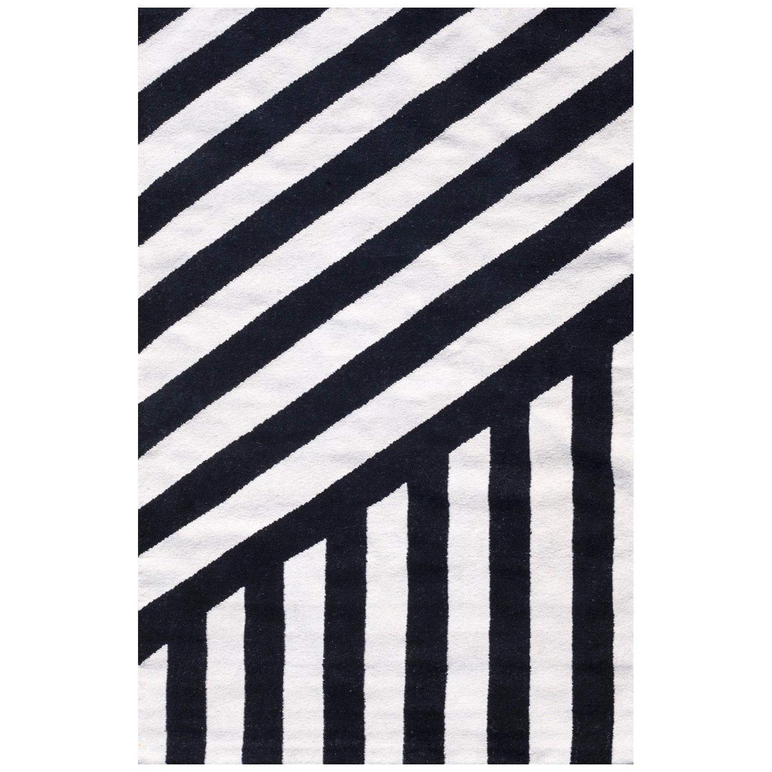 Modern Handwoven Flat-Weave Wool Kilim Rug Black and White Zebra