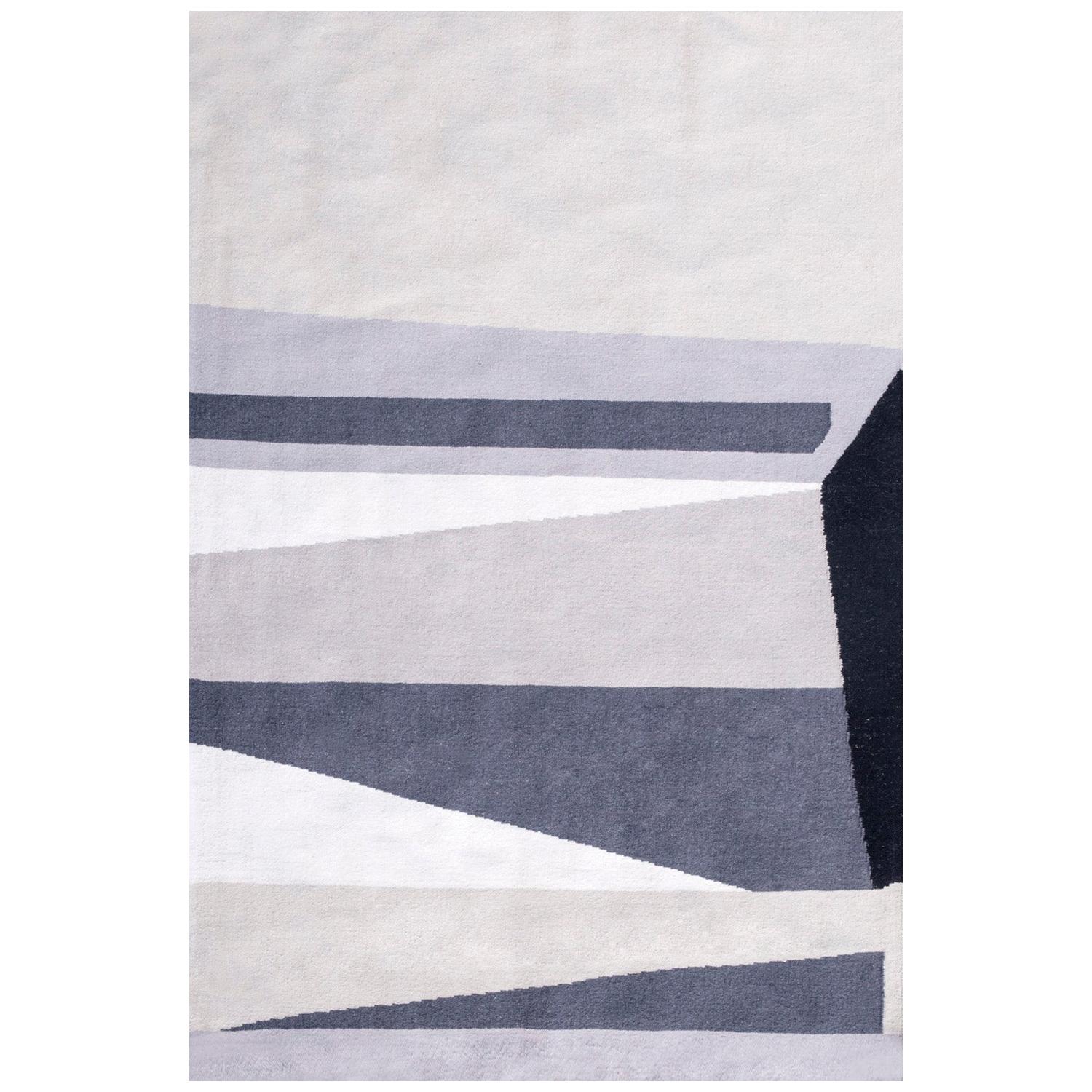 Modern Handwoven Flat-Weave Wool Kilim Rug Black White Grey Abstract