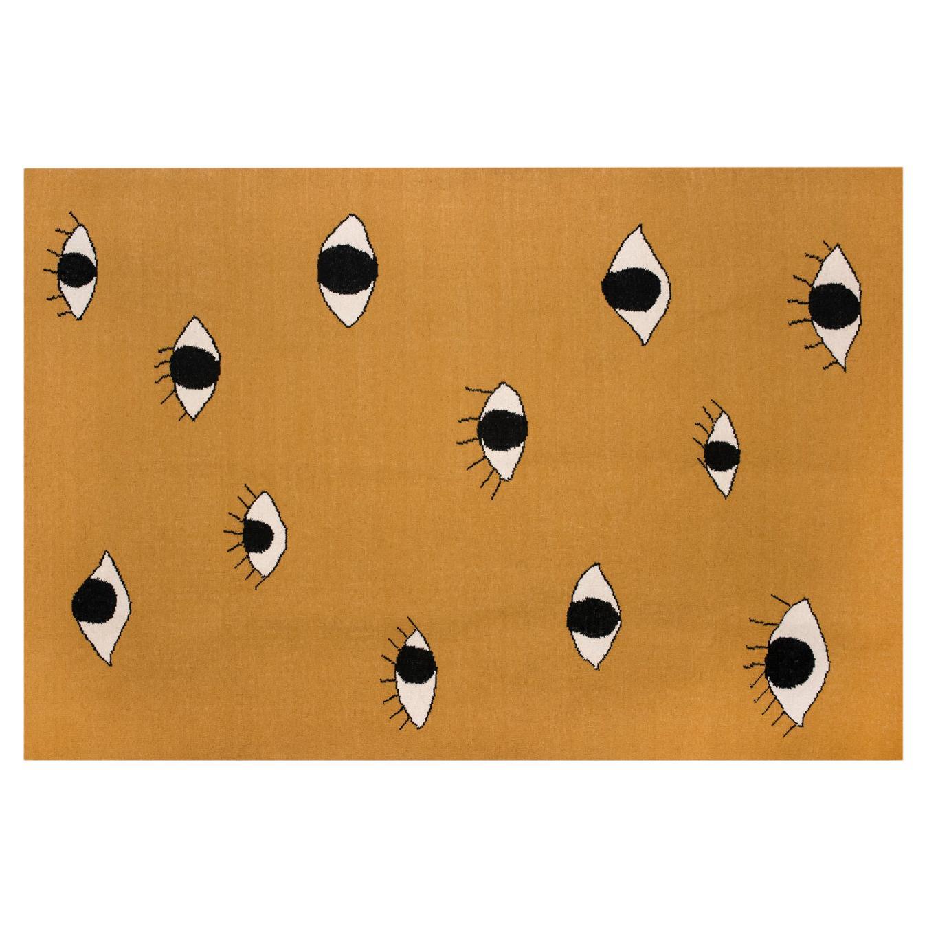 Modern Handwoven Flat-Weave Wool Kilim Rug Eyes Mustard