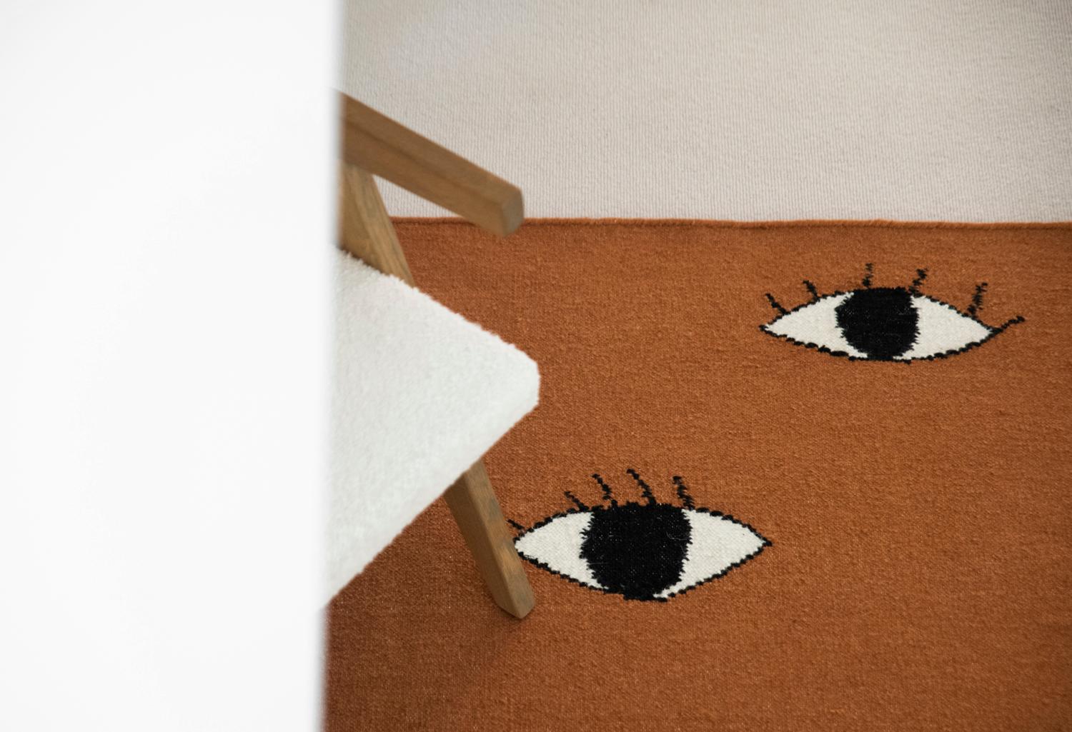 Modern Handwoven Flat-Weave Wool Kilim Rug Eyes Orange For Sale 2