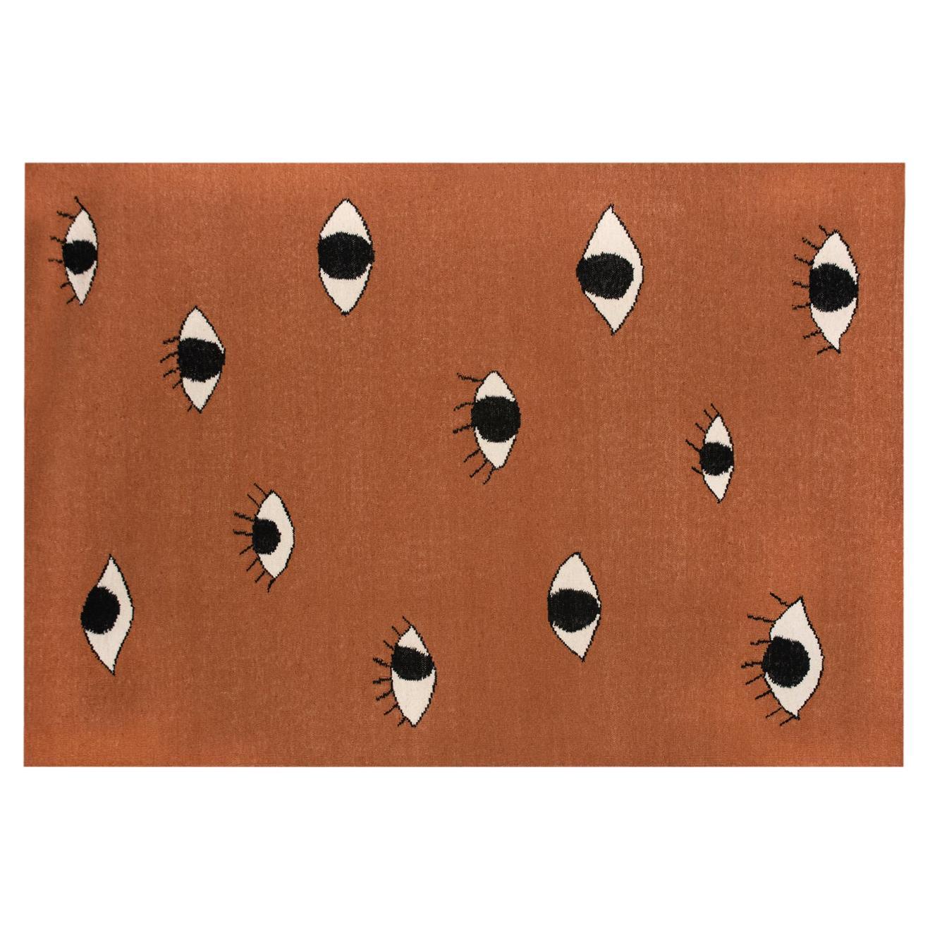 Modern Handwoven Flat-Weave Wool Kilim Rug Eyes Orange For Sale