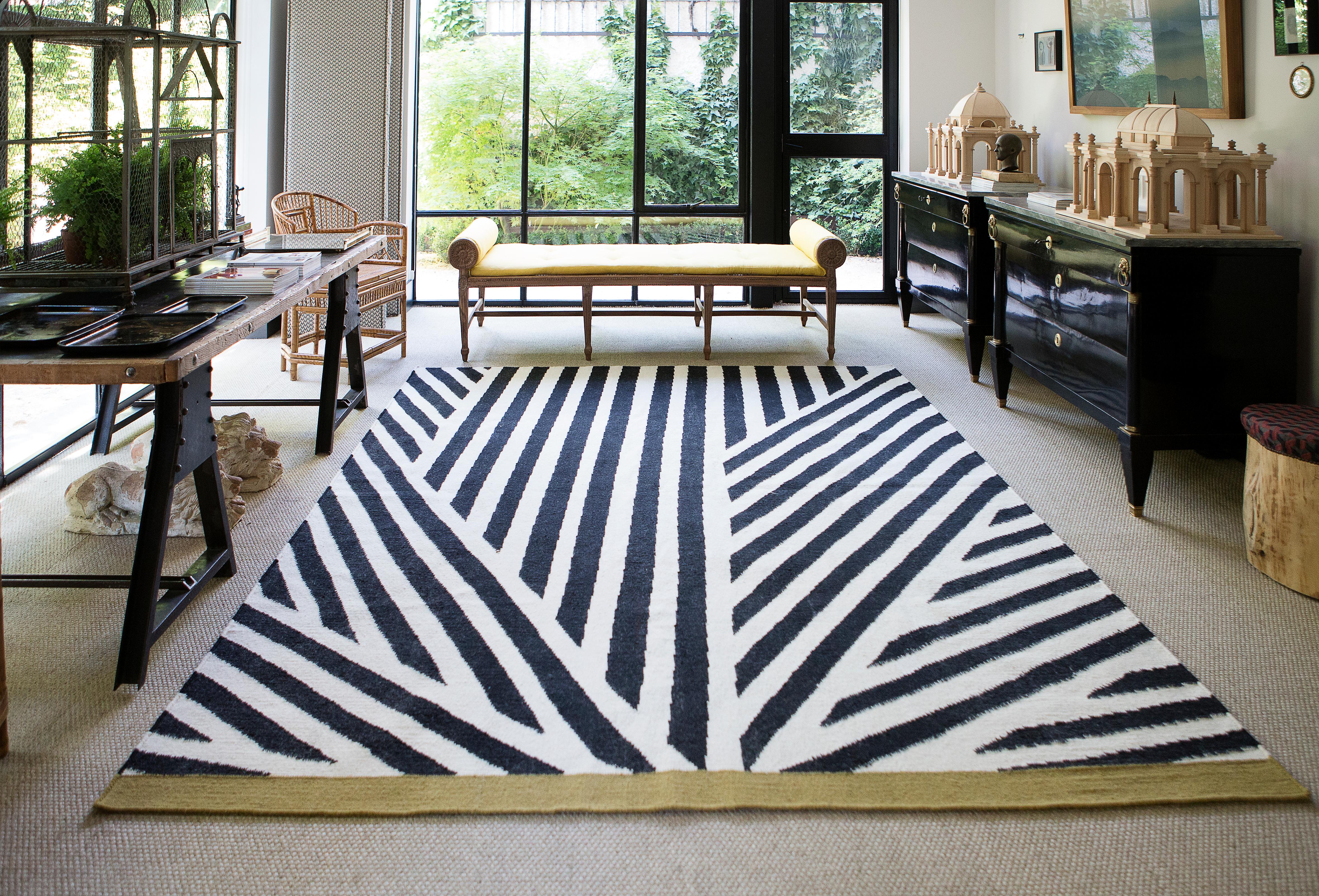 Hand-Woven Modern Handwoven Flat-Weave Wool Kilim Rug Black Mustard and White Zebra Stripes