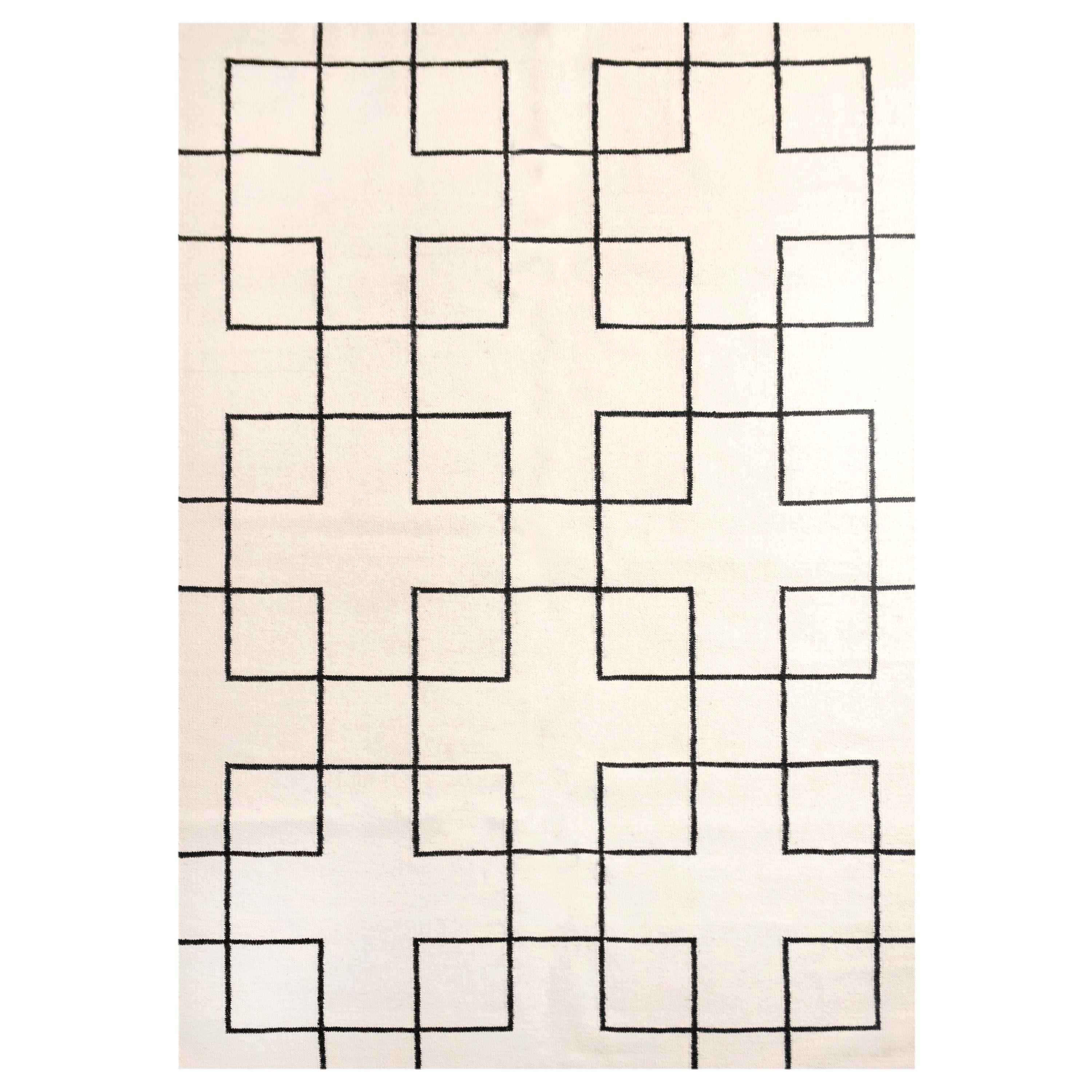 Modern Handwoven Flat-Weave Wool Kilim Rug in Black and White Cross Square