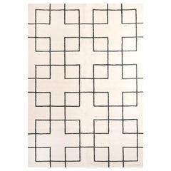 Modern Handwoven Flat-Weave Wool Kilim Rug in Black and White Cross Square