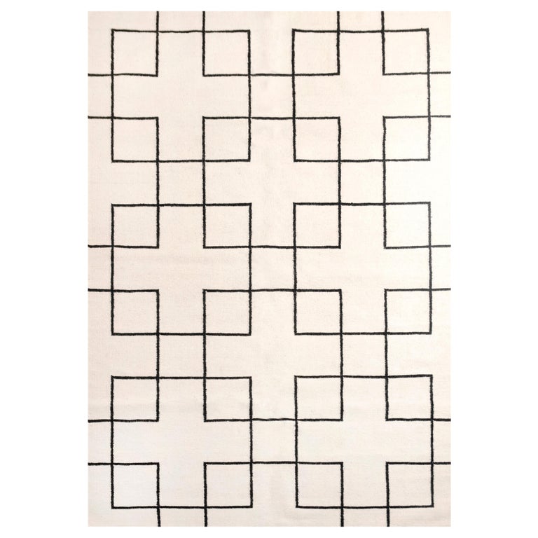 Modern Handwoven Flat-Weave Wool Kilim Rug in Black and White Cross ...