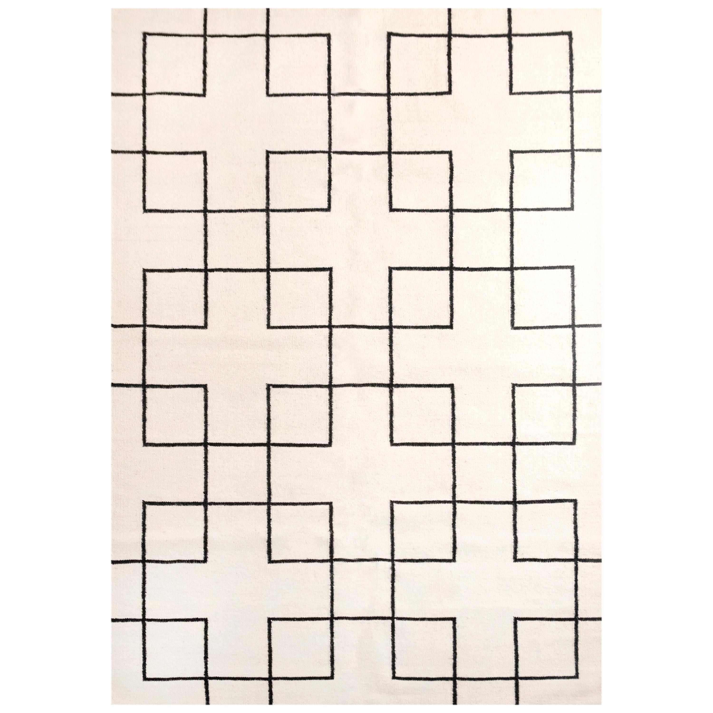 Modern Handwoven Flat-Weave Wool Kilim Rug in Black and White Cross Square For Sale