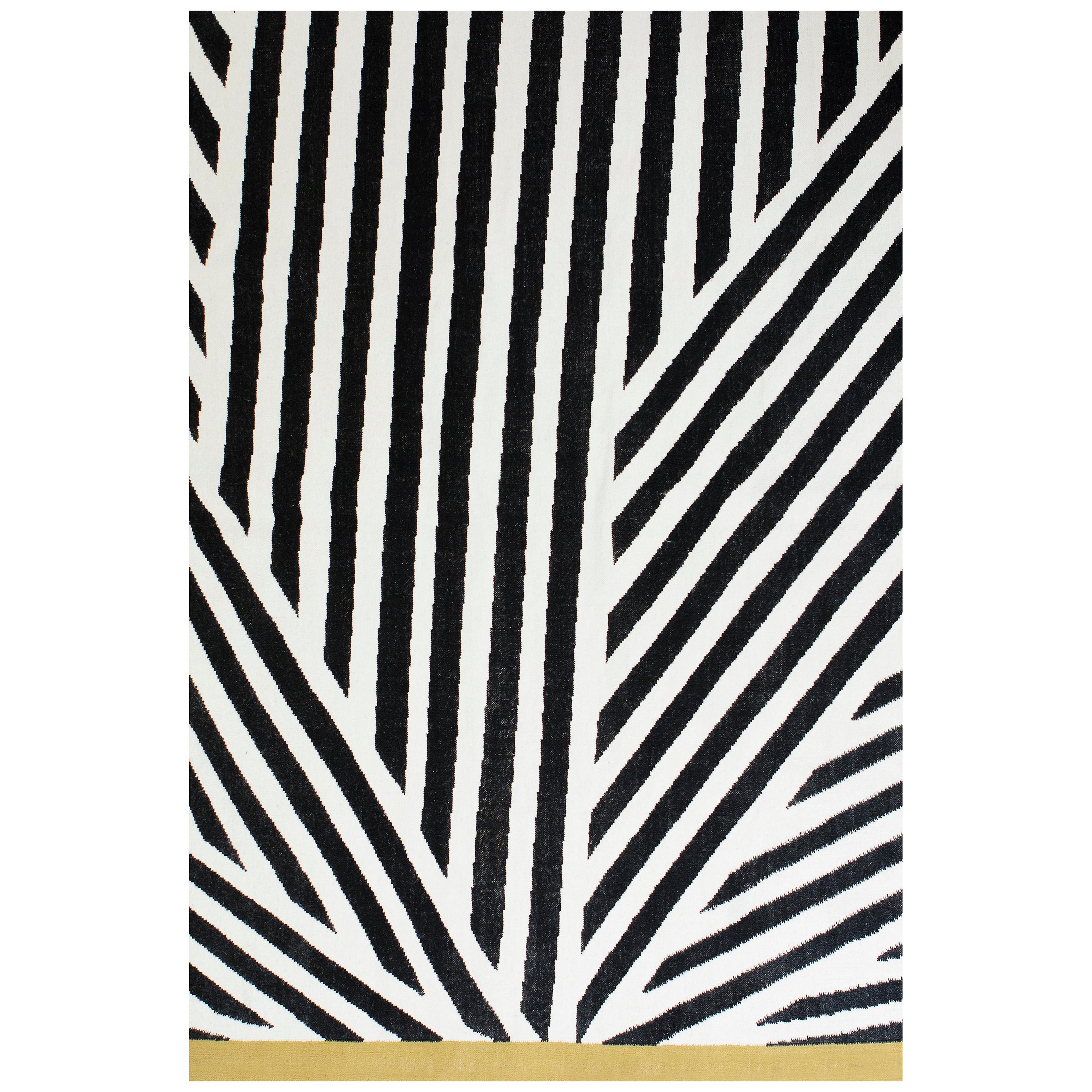 Modern Handwoven Flat-Weave Wool Kilim Rug Black Mustard and White Zebra Stripes