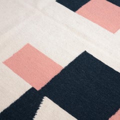 Modern Handwoven Flat-Weave Wool Kilim Rug in Navy Blue White and Pink Cubes