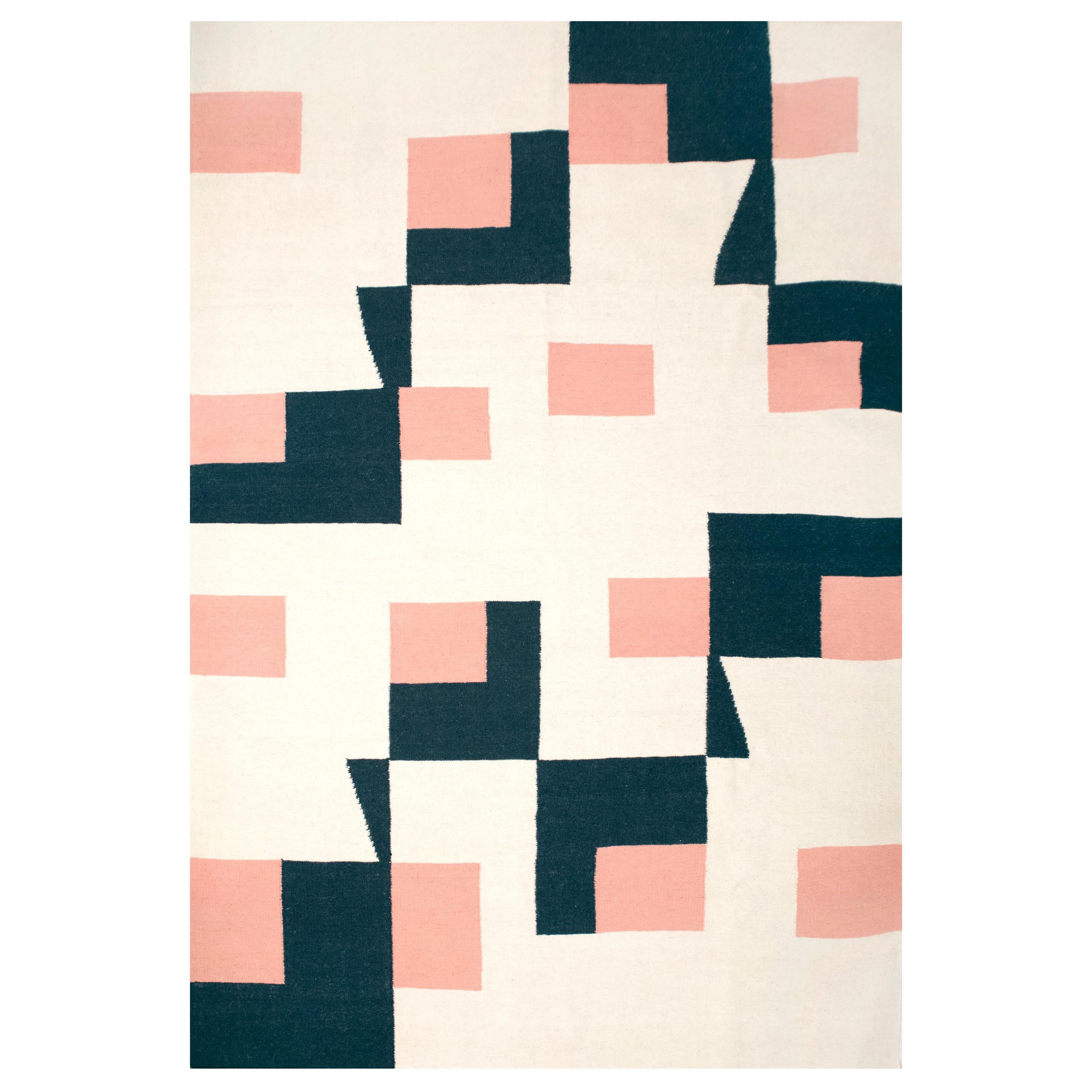 Modern Handwoven Flat-Weave Wool Kilim Rug in Navy Blue White and Pink Cubes