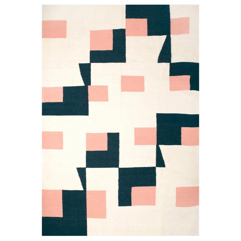 Modern Handwoven Flat-Weave Wool Kilim Rug in Navy Blue White and Pink Cubes For Sale