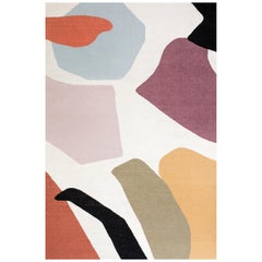 Modern Handwoven Flat-Weave Wool Kilim Rug Abstract in White Mustard Green Pink
