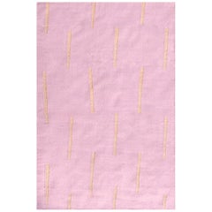 Modern Handwoven Flat-Weave Wool Kilim Rug Pink and Golden Lines