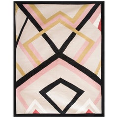 Contemporary Handwoven Flat-Weave Wool Kilim Rug Pink Black Gold White Geometric