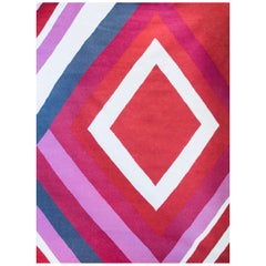 Modern Handwoven Flat-Weave Wool Kilim Rug Red Pink Grey Geometric