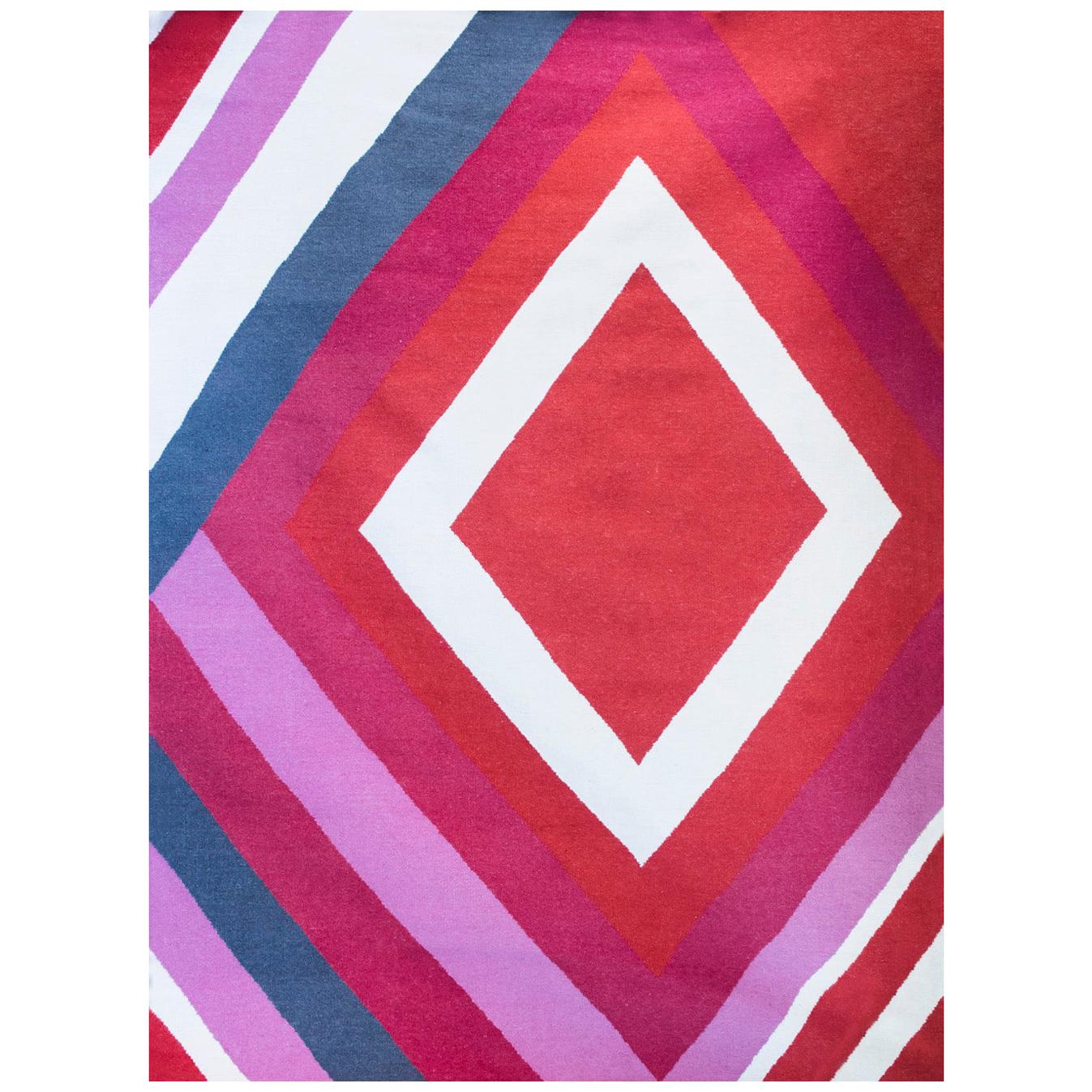 Modern Handwoven Flat-Weave Wool Kilim Rug Red Pink Grey Geometric For Sale