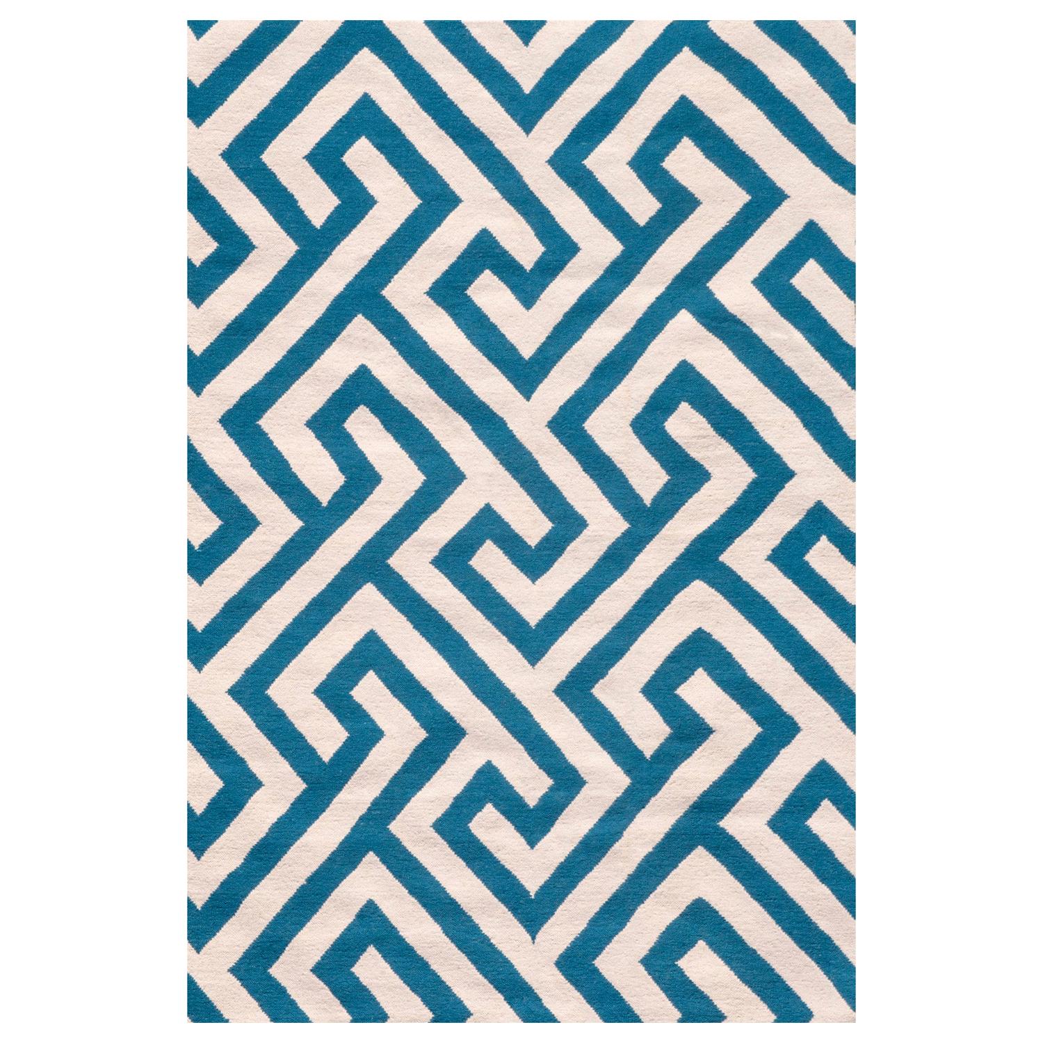 Modern Handwoven Flat-Weave Wool Kilim Rug White and Blue Geometric