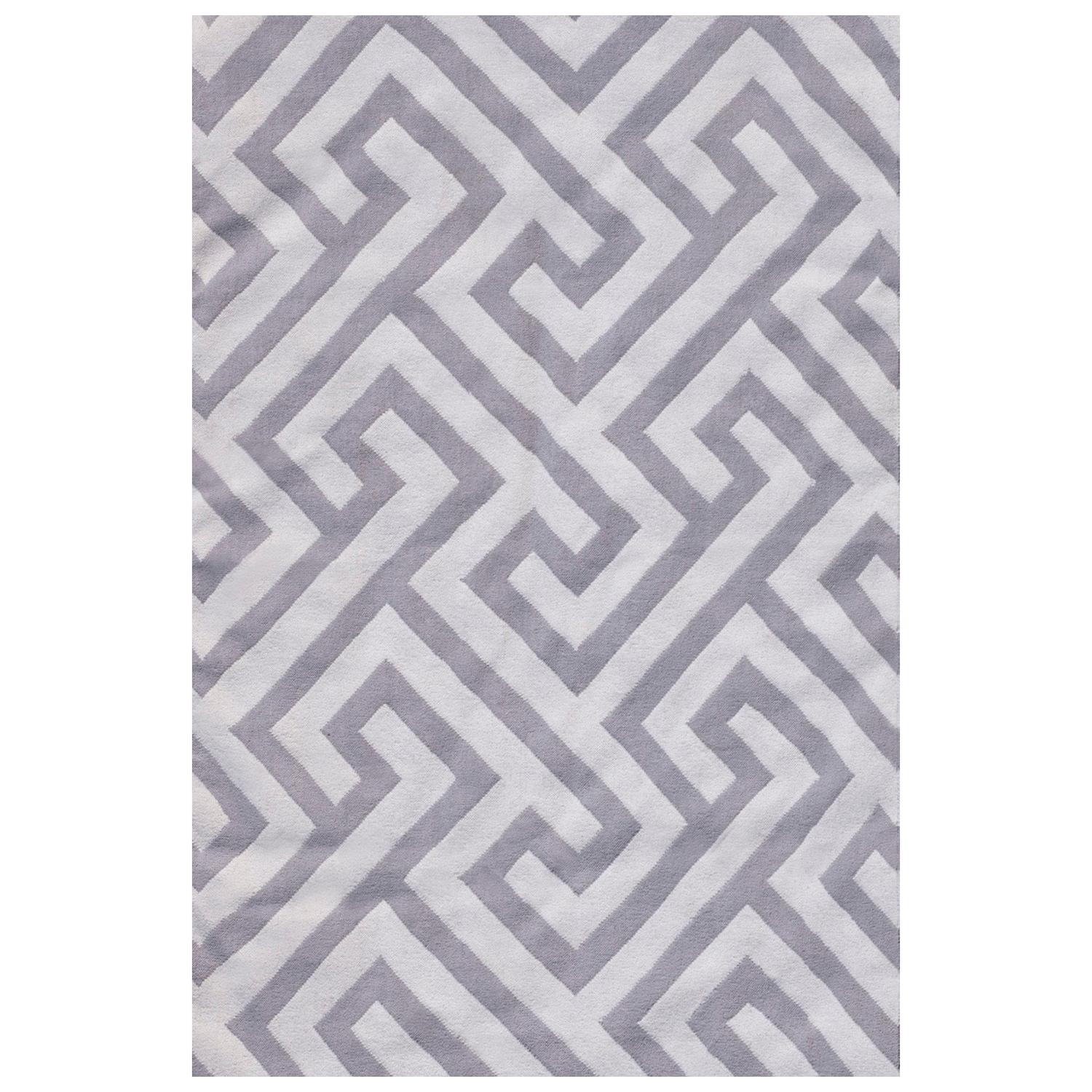 Modern Handwoven Flat-Weave Wool Kilim Rug White and Light Grey Geometric