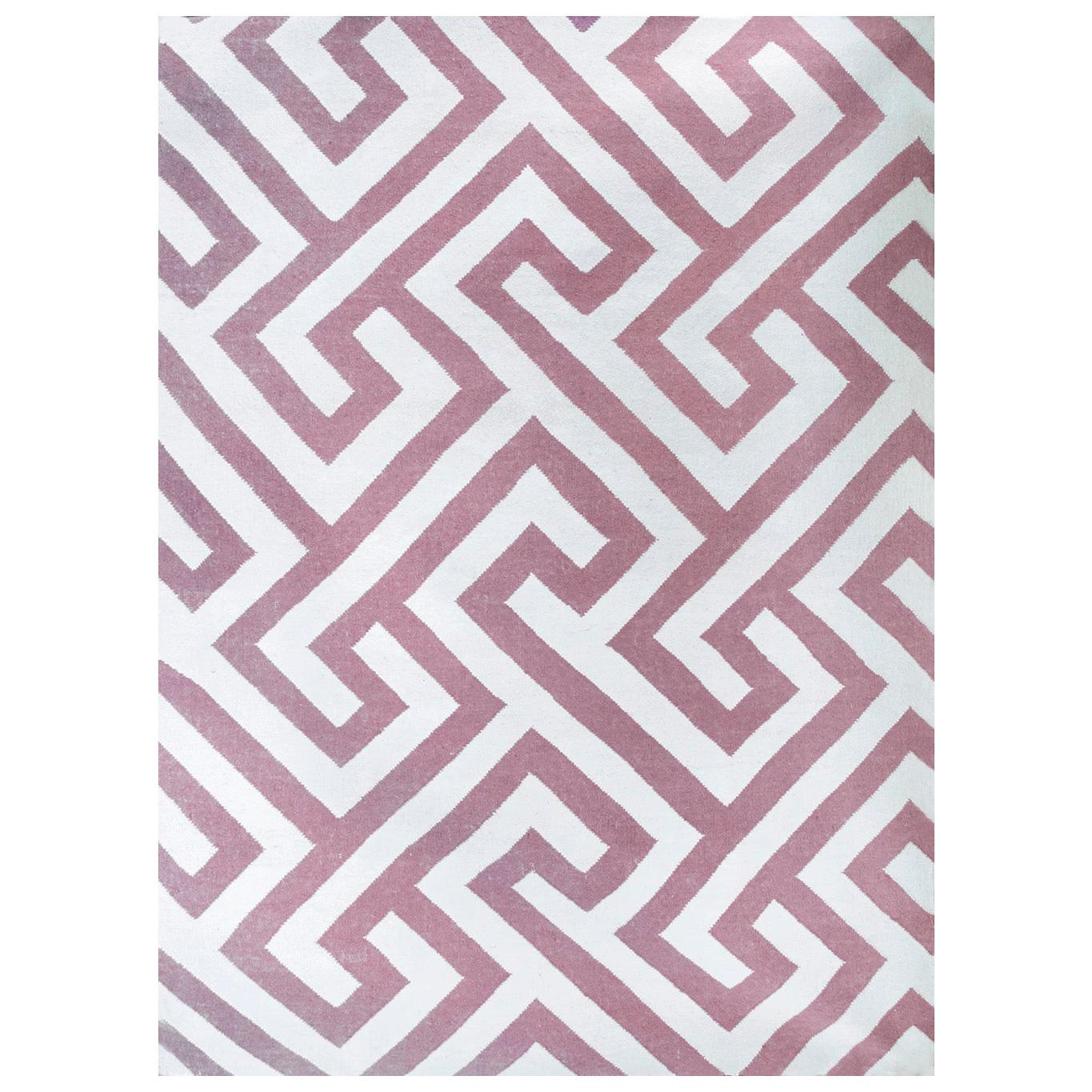 Modern Handwoven Flat-Weave Wool Kilim Rug White and Pink Geometric