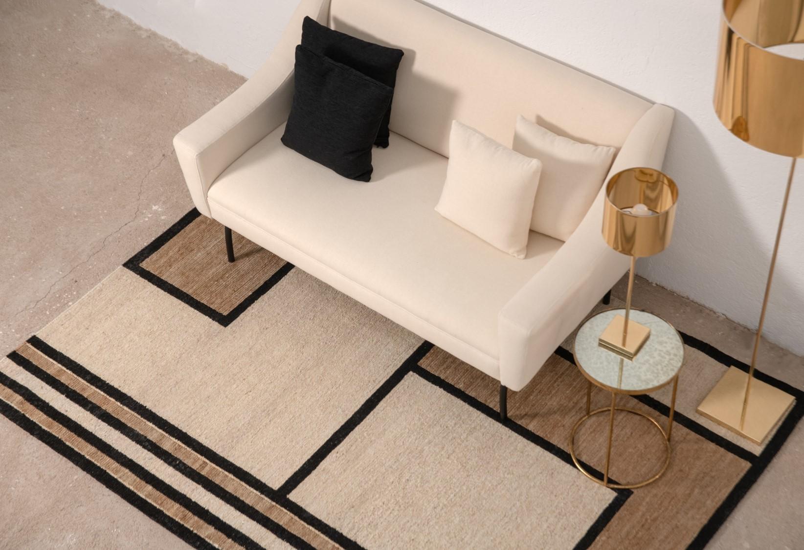 Hand-Woven Modern Hand Braided Jute Carpet Rug in Black Brown White Geometric For Sale