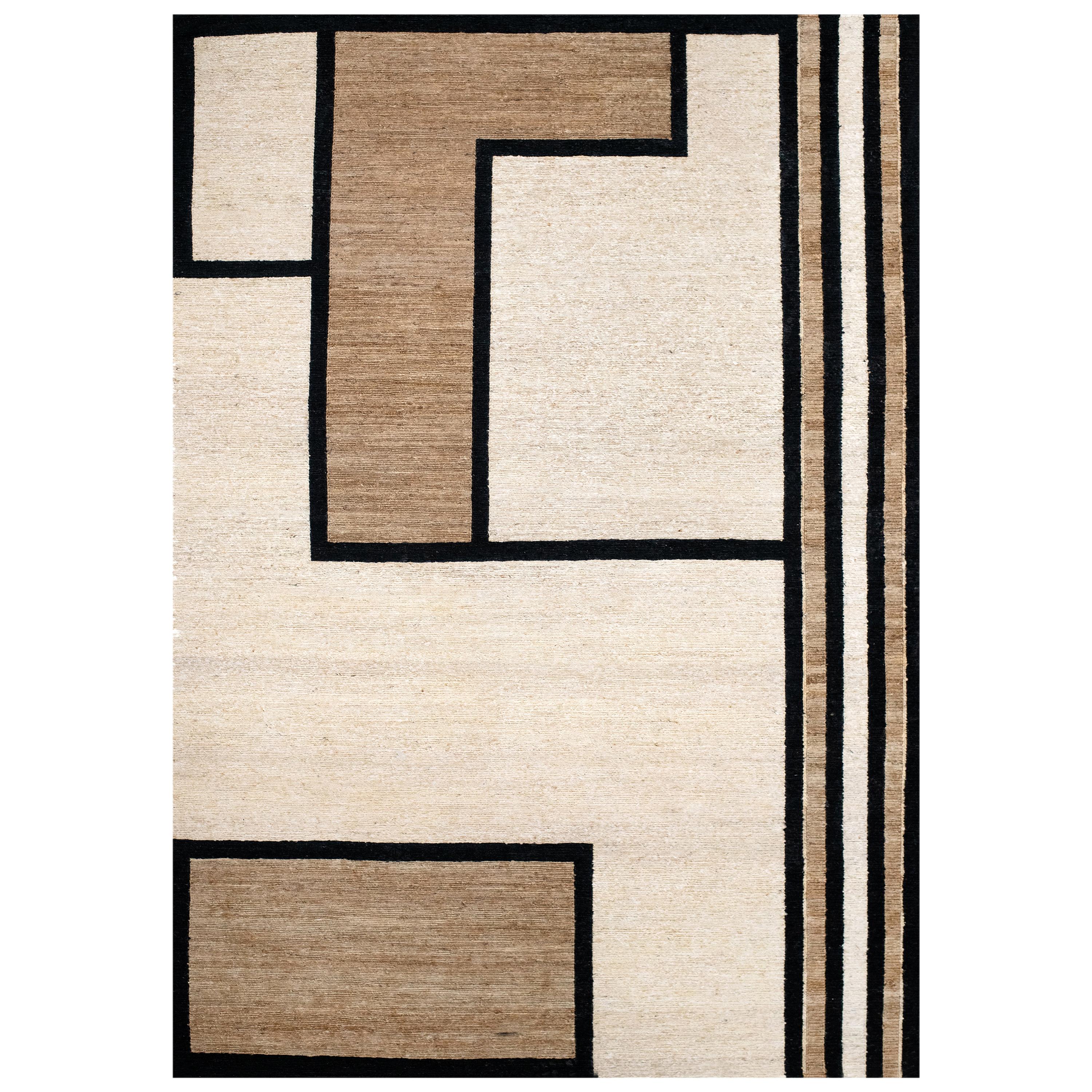 Modern Hand Braided Jute Carpet Rug in Black Brown White Geometric