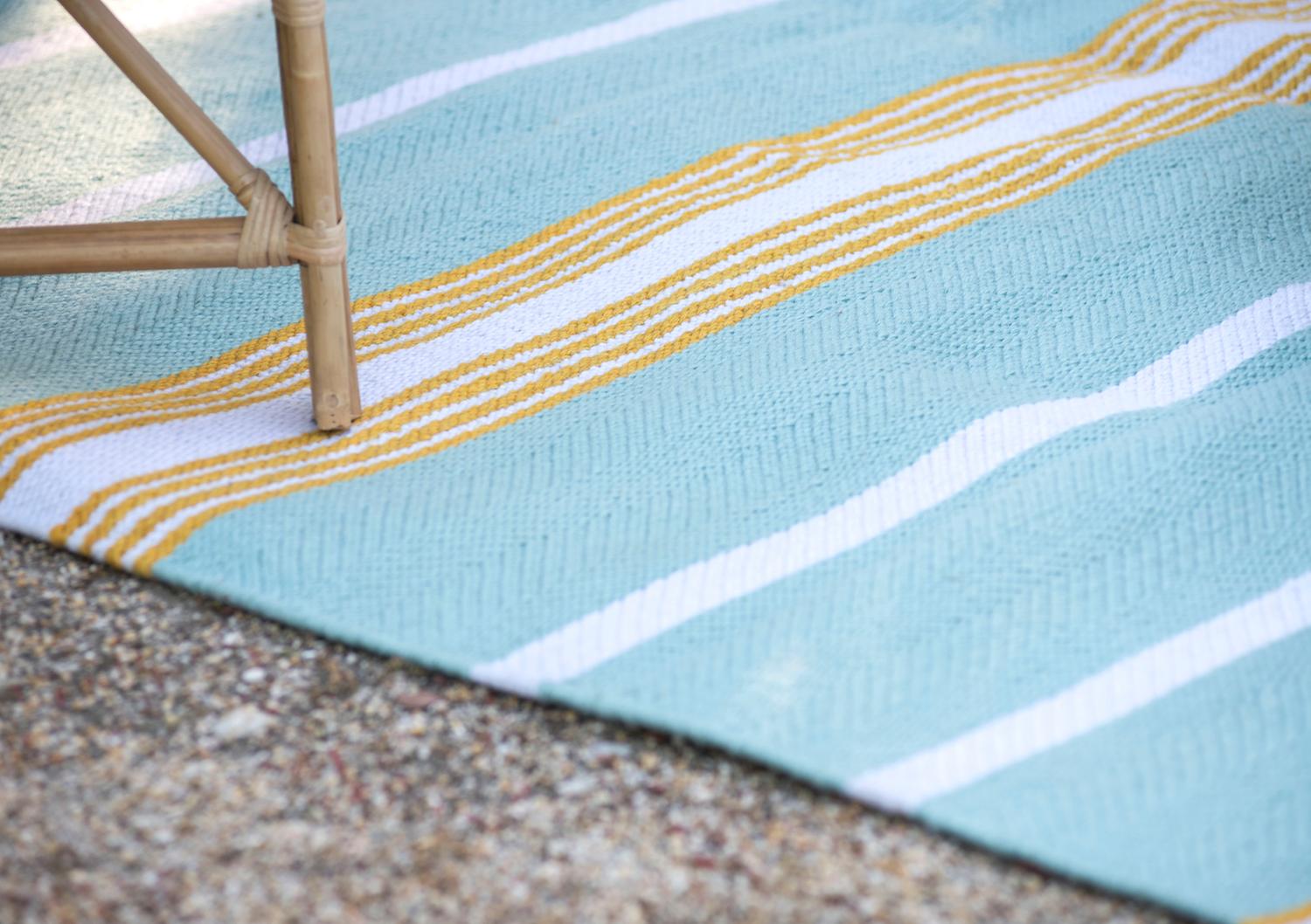 Acrylic Modern Handwoven Polypropylene Outdoor Rug Carpet Mustard Turquoise Stripes For Sale