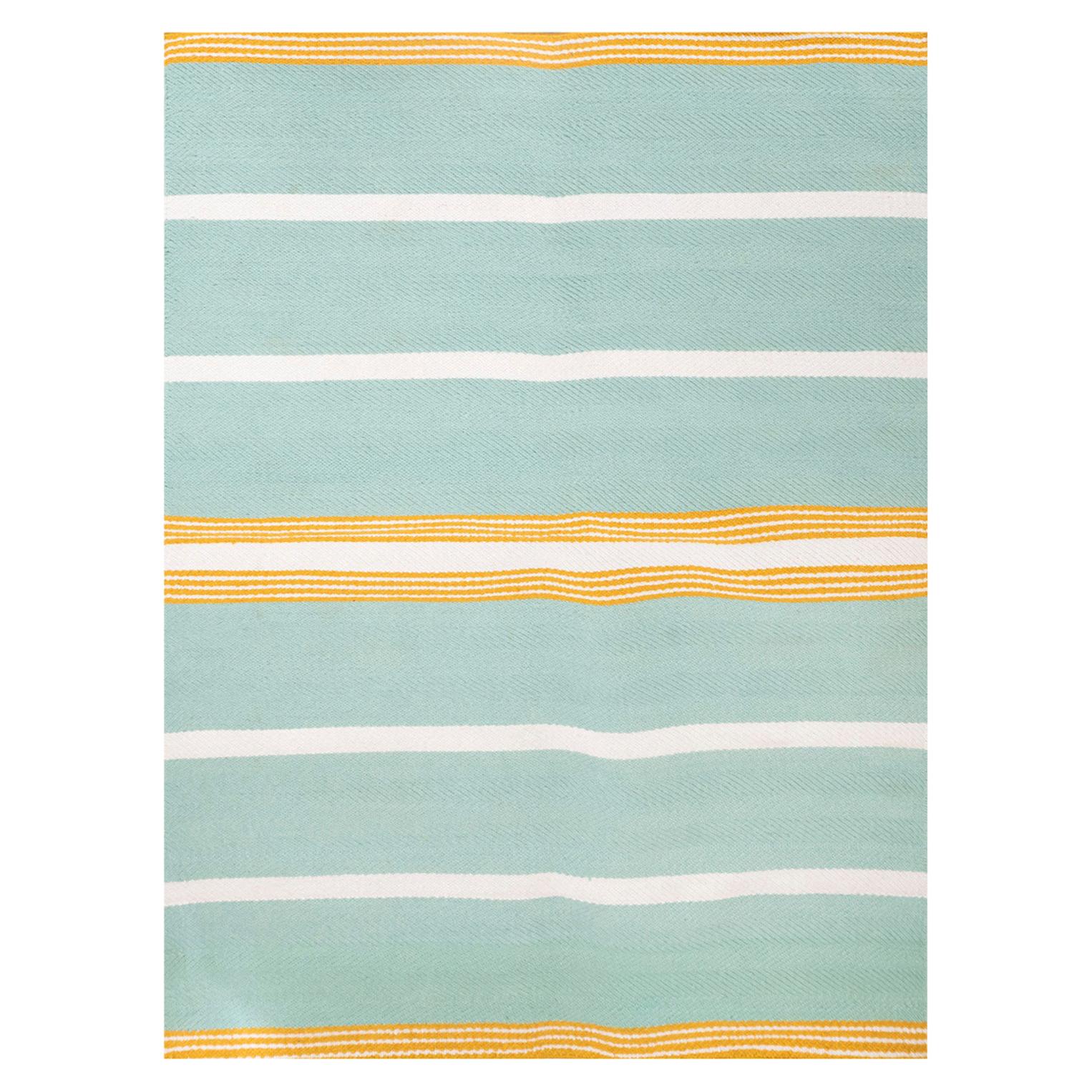 Contemporary Handwoven Polypropylene Outdoor Rug Mustard Turquoise Stripes For Sale