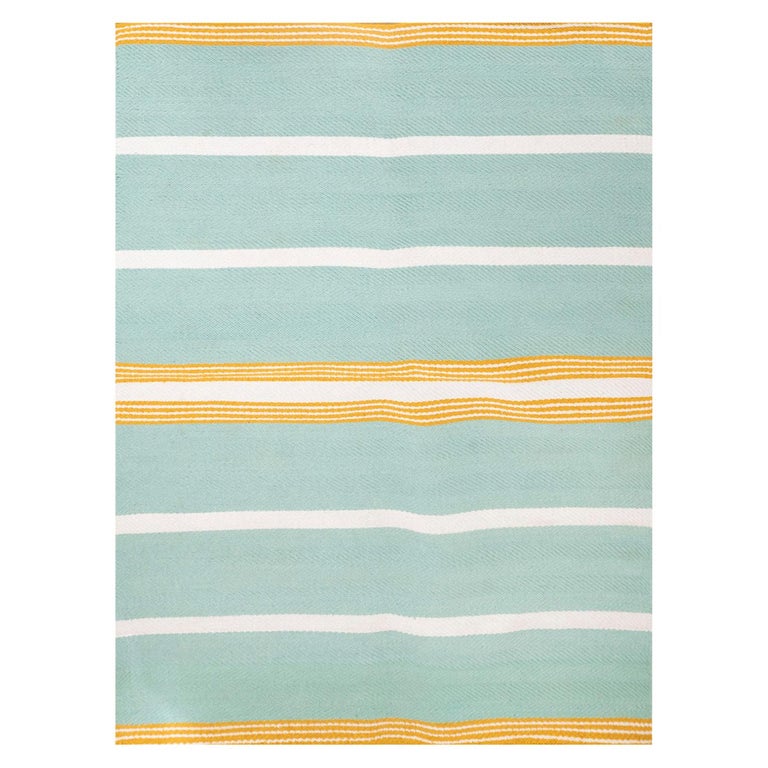 Contemporary Handwoven Polypropylene Outdoor Rug Mustard Turquoise Stripes For Sale at 1stDibs