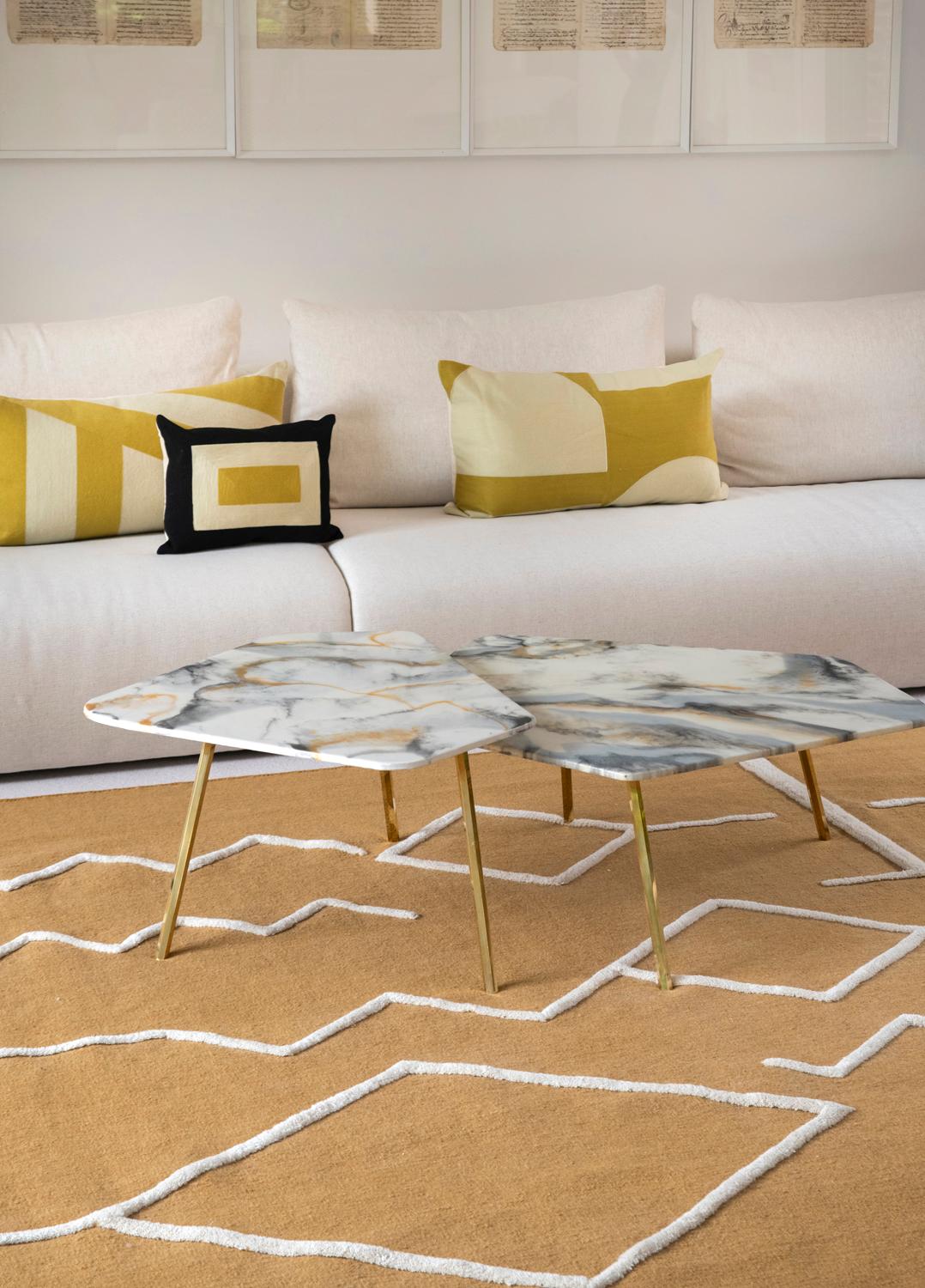 Modern Handwoven Flat-Weave & High Pile Wool Kilim Rug African Mustard & Ivory For Sale 4