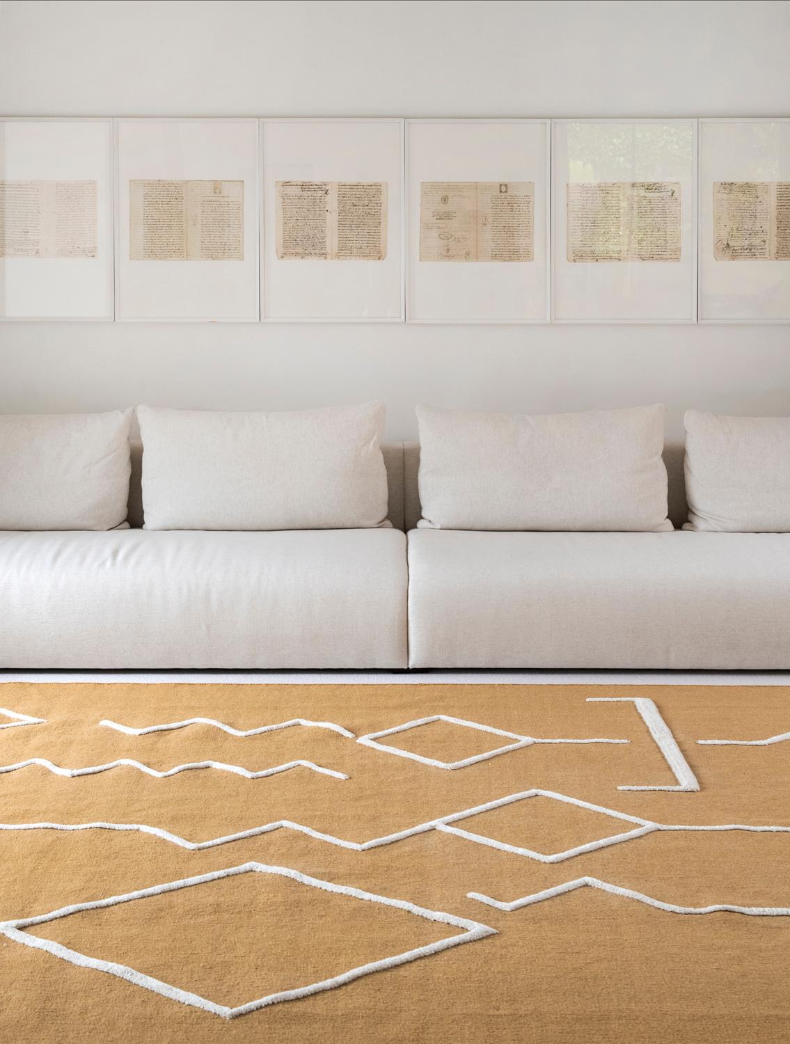 Indian Modern Handwoven Flat-Weave & High Pile Wool Kilim Rug African Mustard & Ivory For Sale