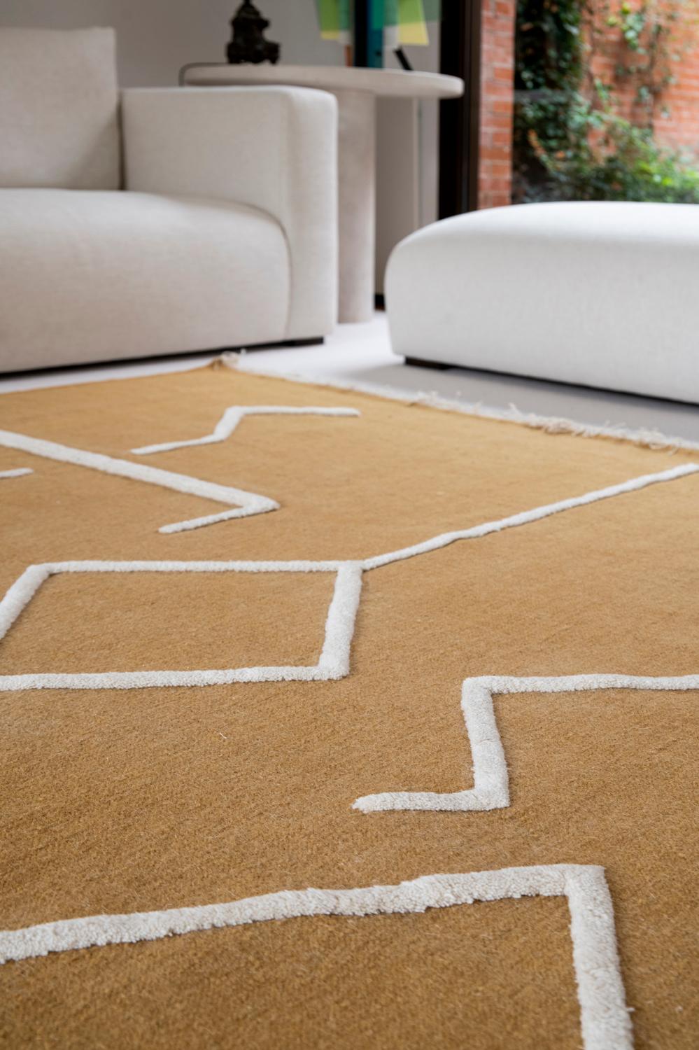 Modern Handwoven Flat-Weave & High Pile Wool Kilim Rug African Mustard & Ivory For Sale 1