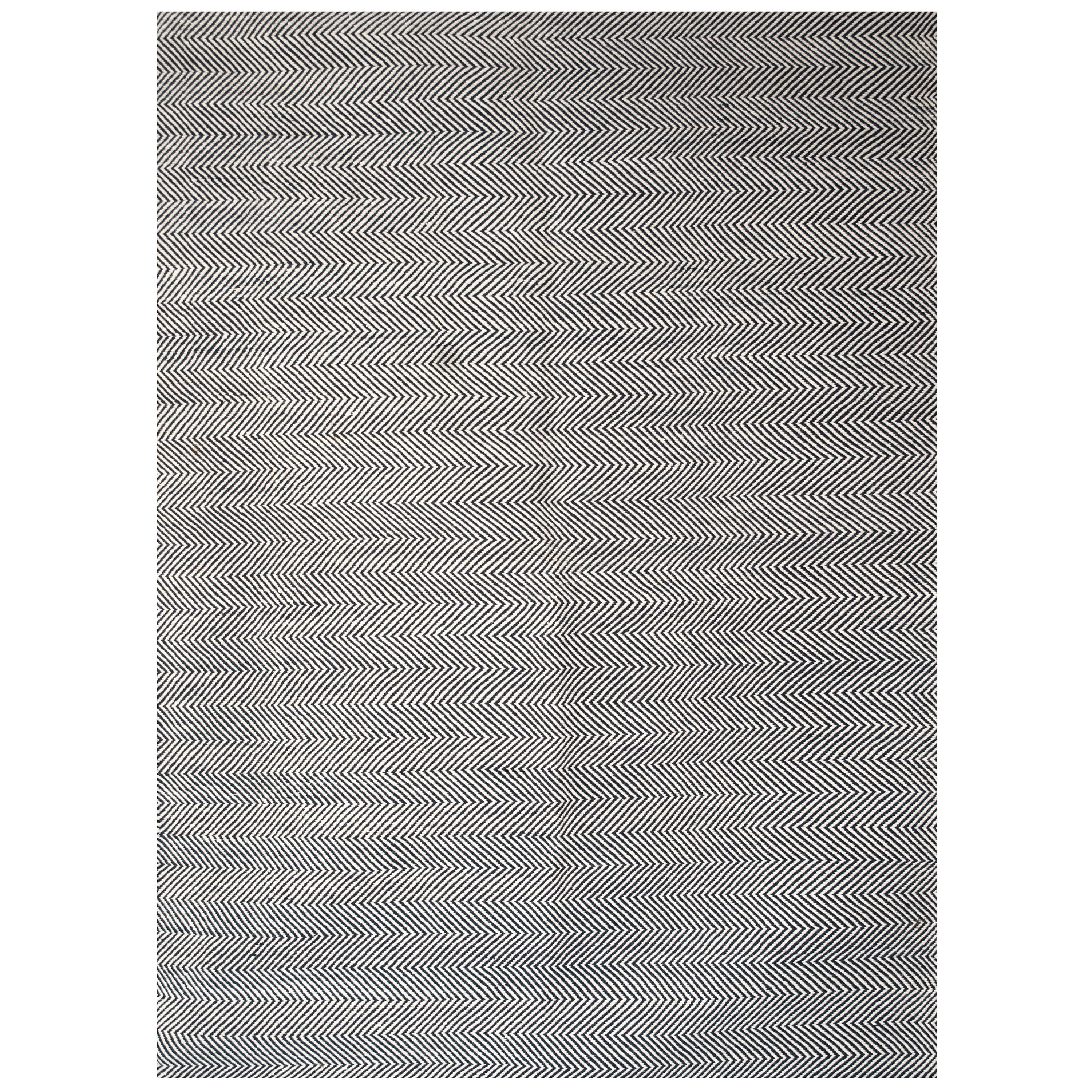 Tapis Dhurrie moderne en laine tissée à la main en bleu foncé et blanc à motif de pointes