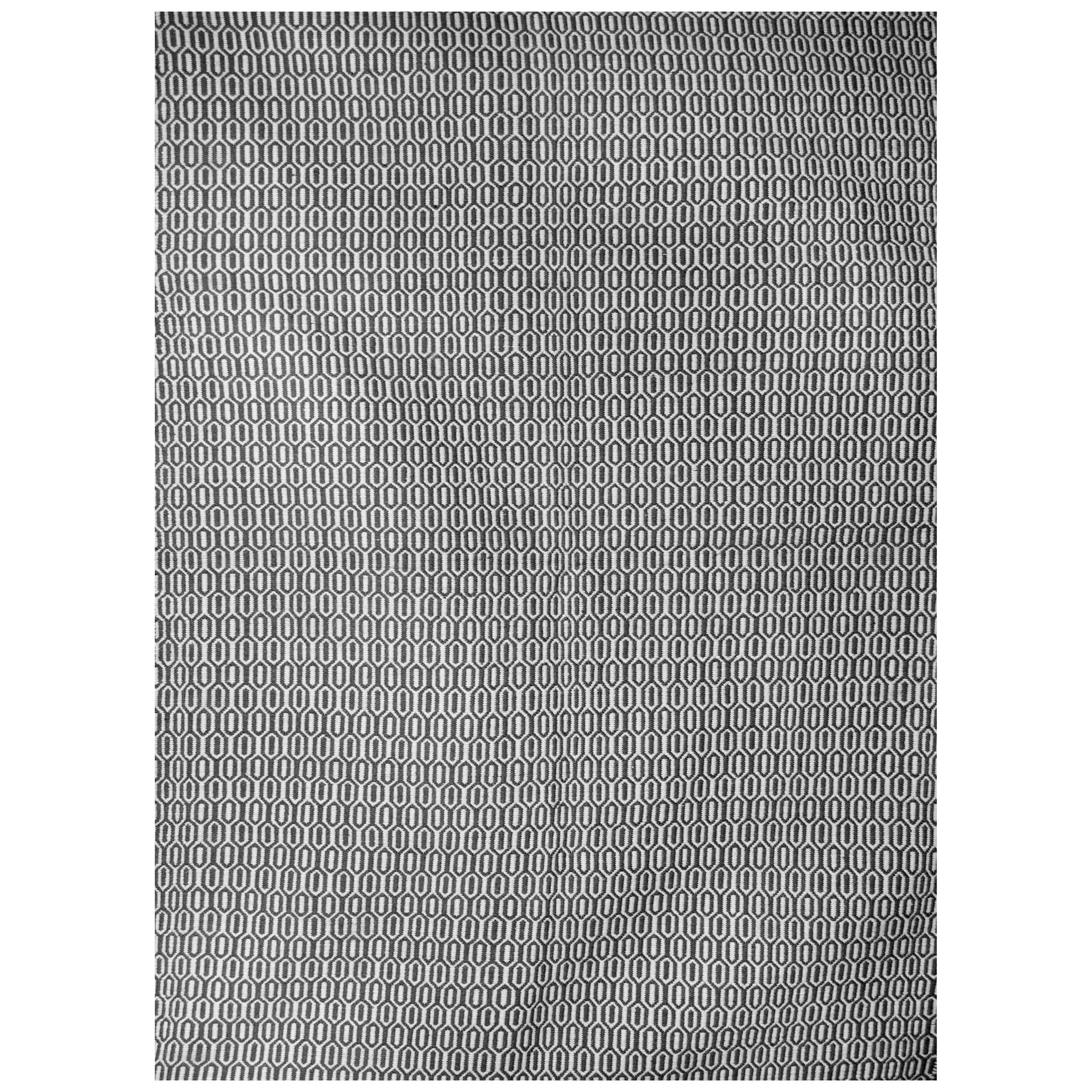 Modern Handwoven Wool Rug Dhurrie in Grey and White Hive Small Pattern Plain For Sale