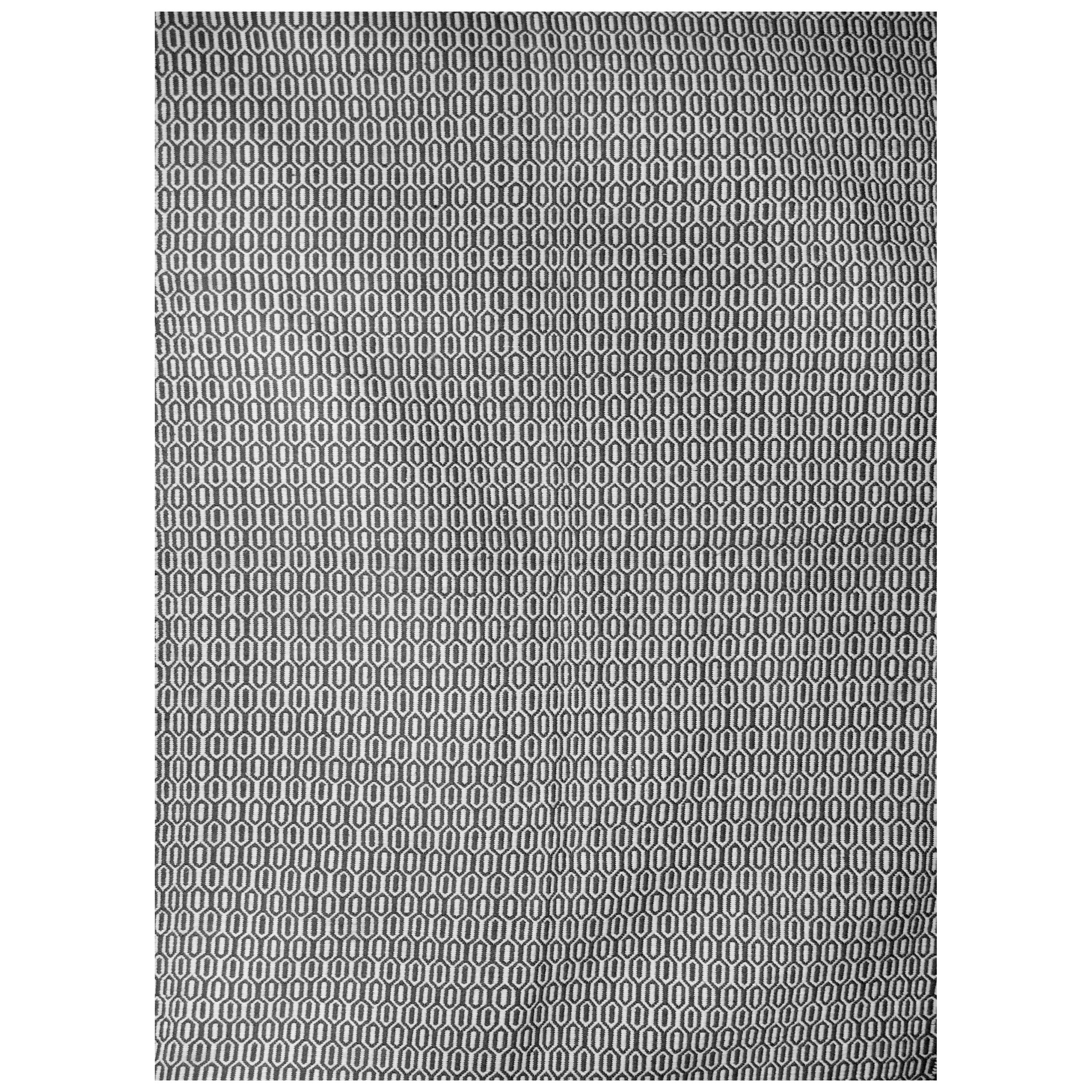 Tapis moderne Dhurrie en laine tissée à la main en gris et blanc à motif de hive