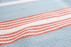 Modern Handwoven Flat-Weave Wool Dhurrie Rug in Light Blue White & Pink Stripes