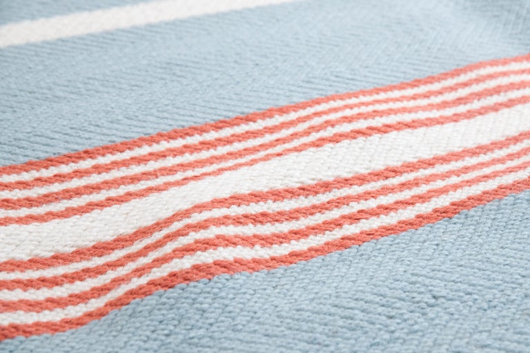 Modern Handwoven Flat-Weave Wool Rug in Light Blue White and Pink ...