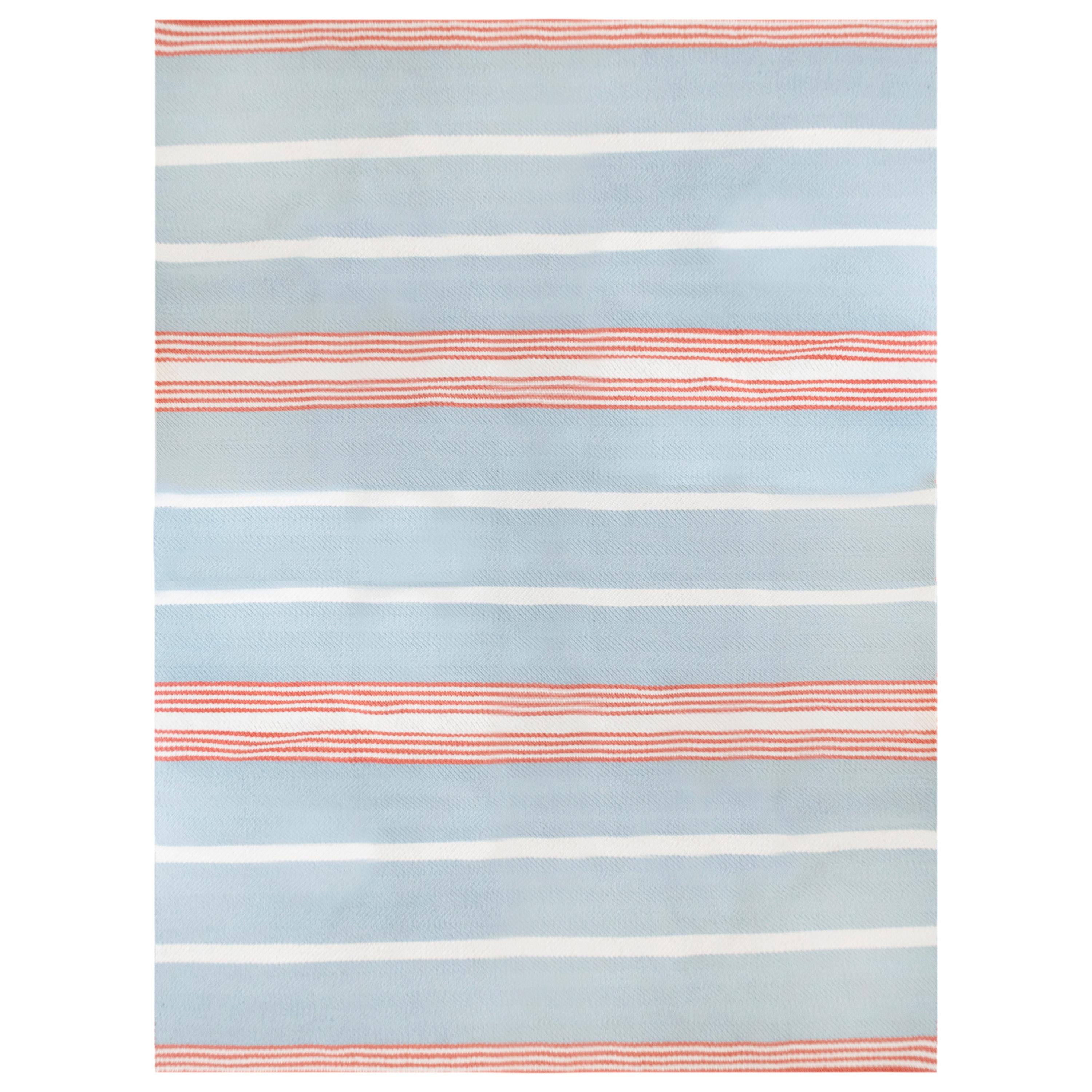 Modern Handwoven Flat-Weave Wool Dhurrie Rug in Light Blue White & Pink Stripes For Sale