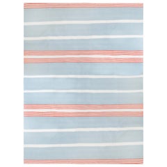 Modern Handwoven Flat-Weave Wool Dhurrie Rug in Light Blue White & Pink Stripes