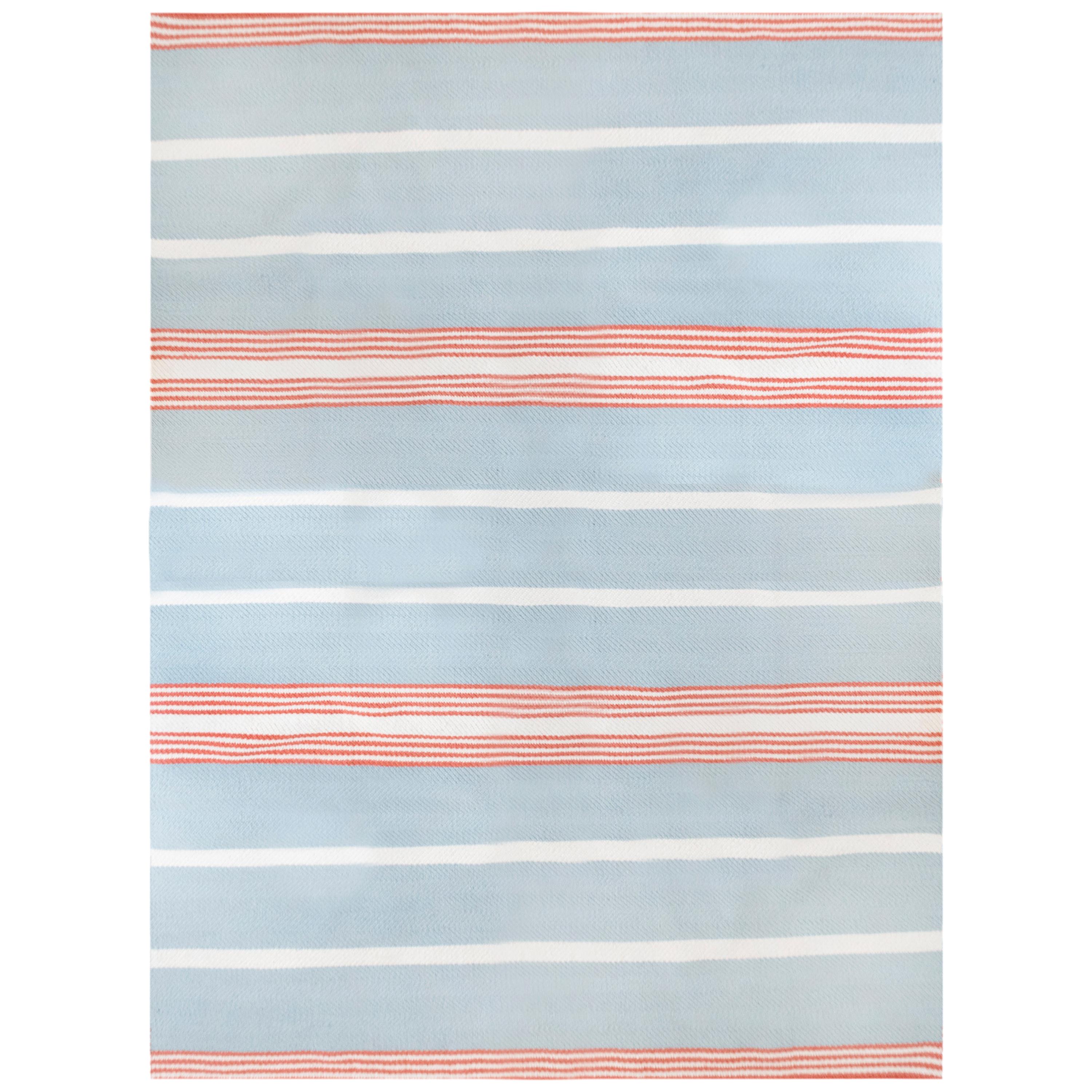 Modern Handwoven Flat-Weave Wool Rug in Light Blue White & Pink Stripes