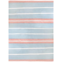 Modern Handwoven Flat-Weave Wool Rug in Light Blue White & Pink Stripes
