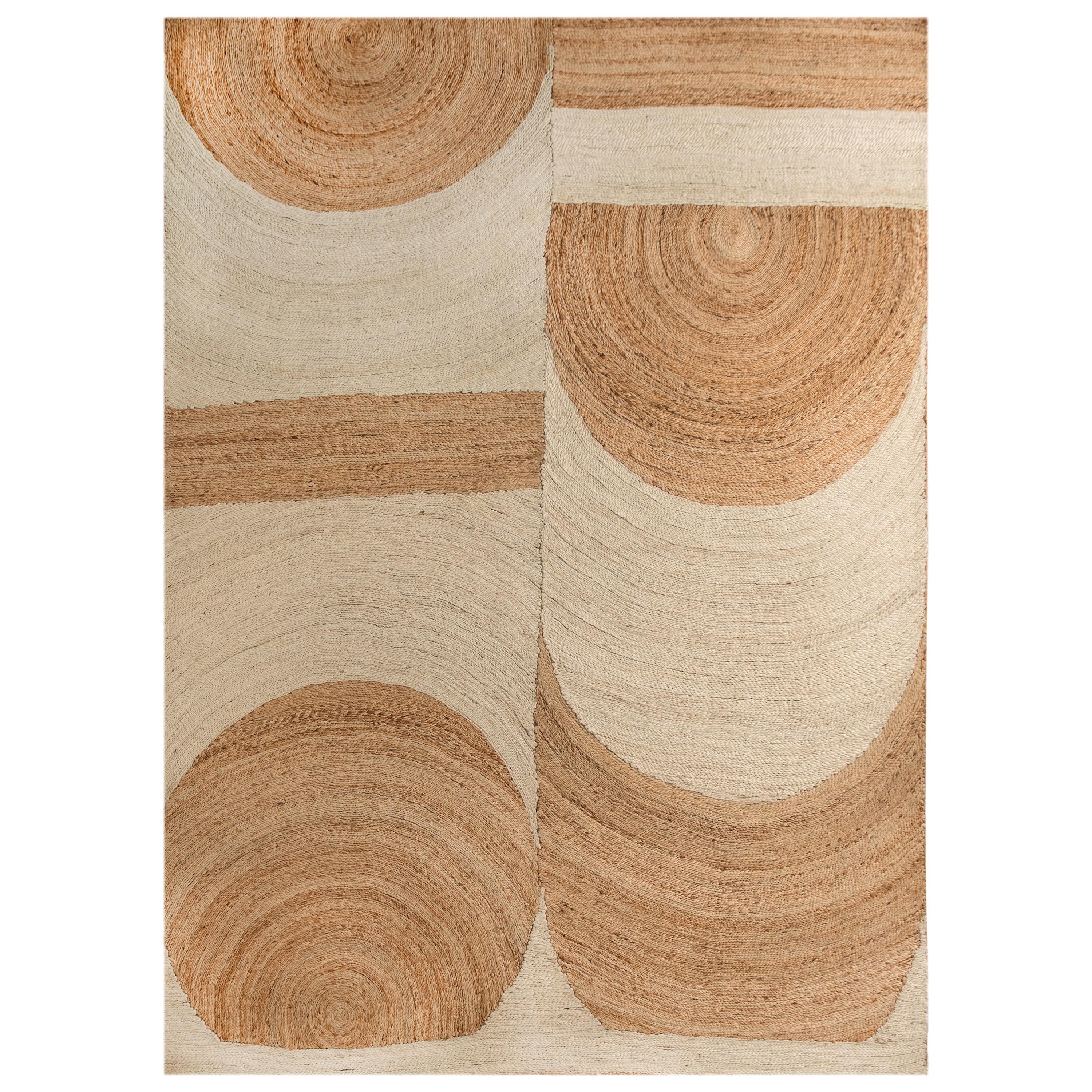 Modern Handweaved Jute Carpet Rug in Natural Brown Ivory Pac Man For Sale