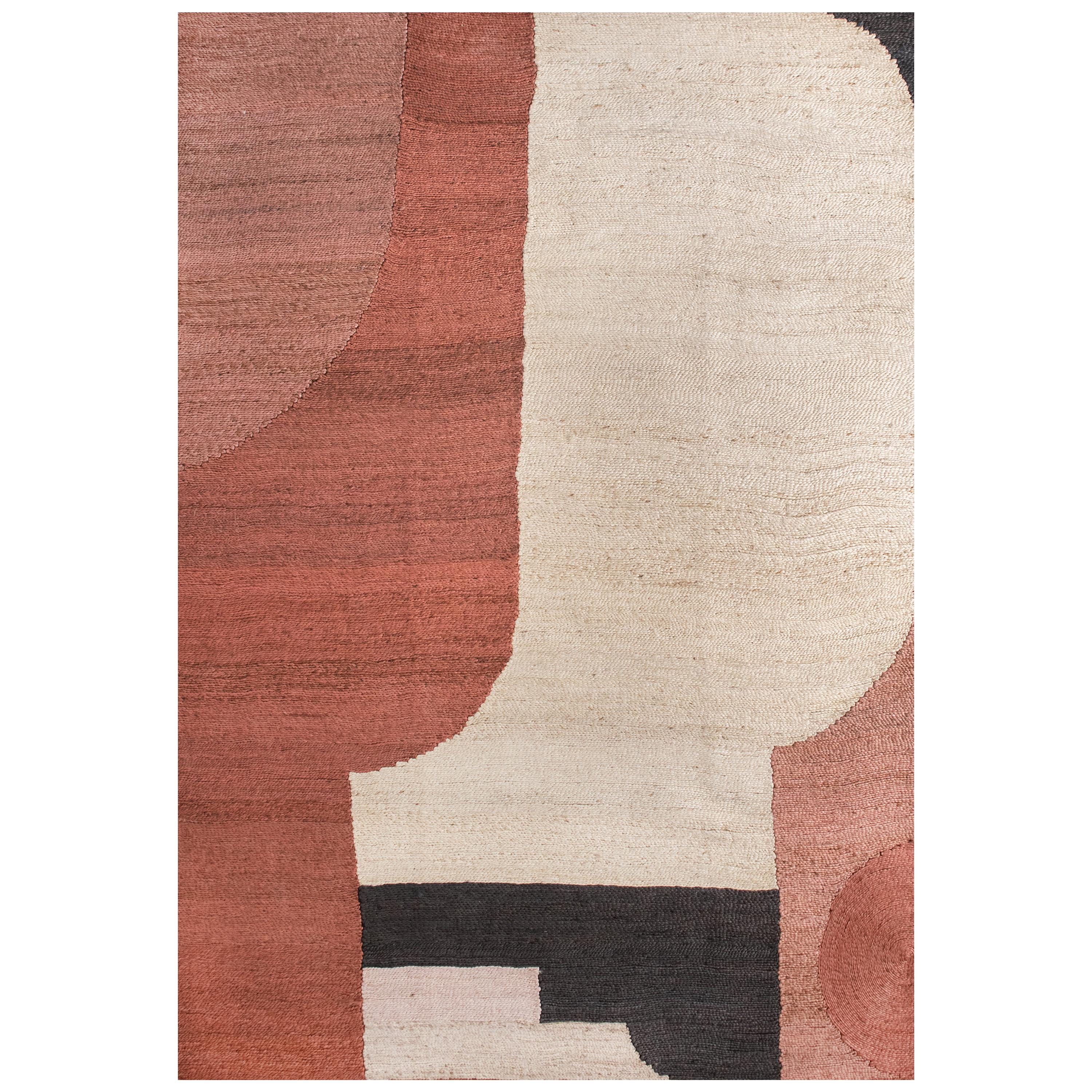 Modern Handwoven Jute Carpet Rug in Terracotta White and Black Chimneys Abstract For Sale