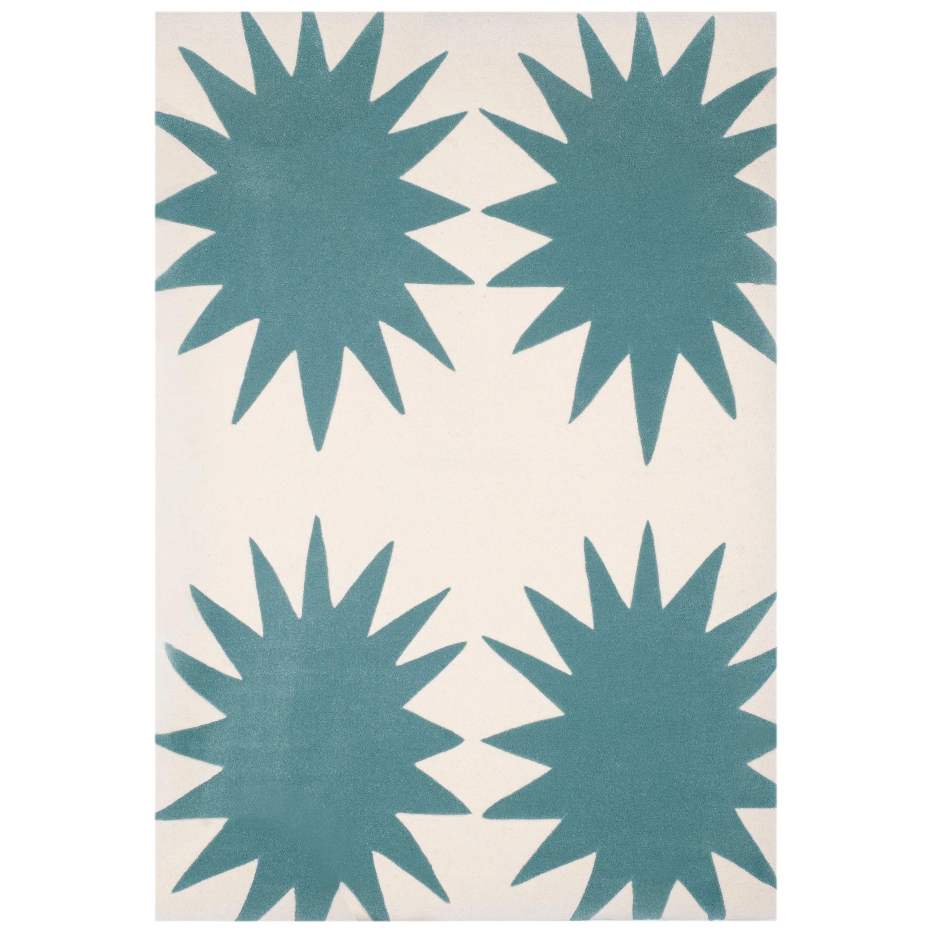 Modern Hand Tufted Wool Rug Made in Spain Turquoise and White Stars