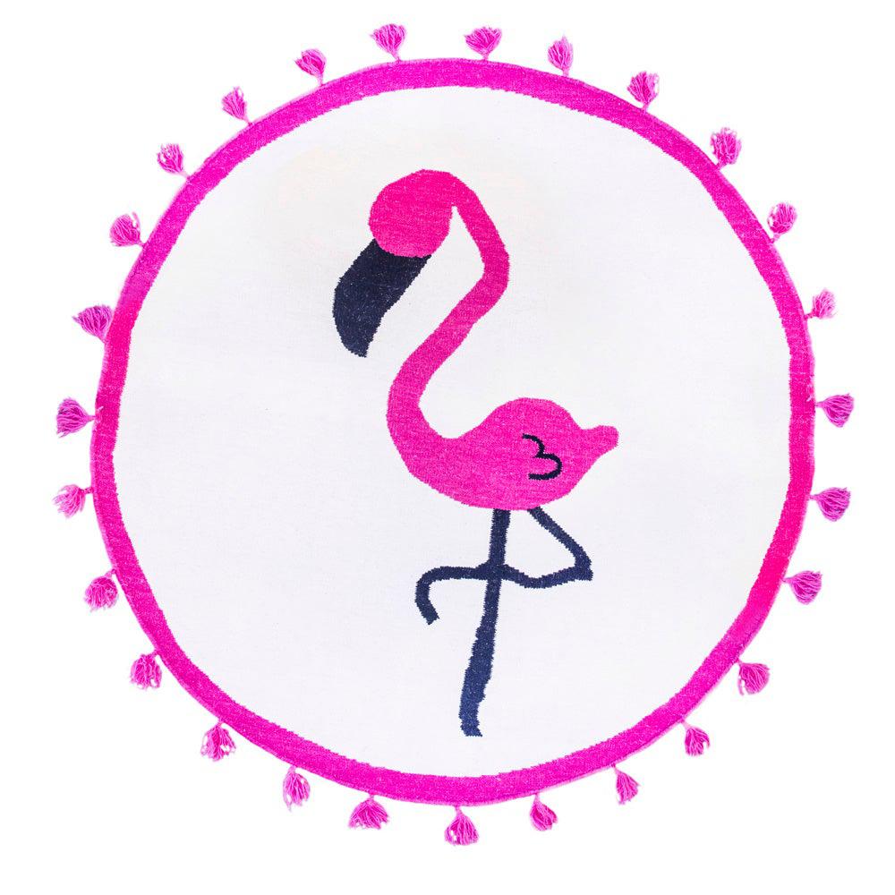 Modern Handwoven FlatWeave Wool Kids Room Round Kilim Rug in Pink Flamingo