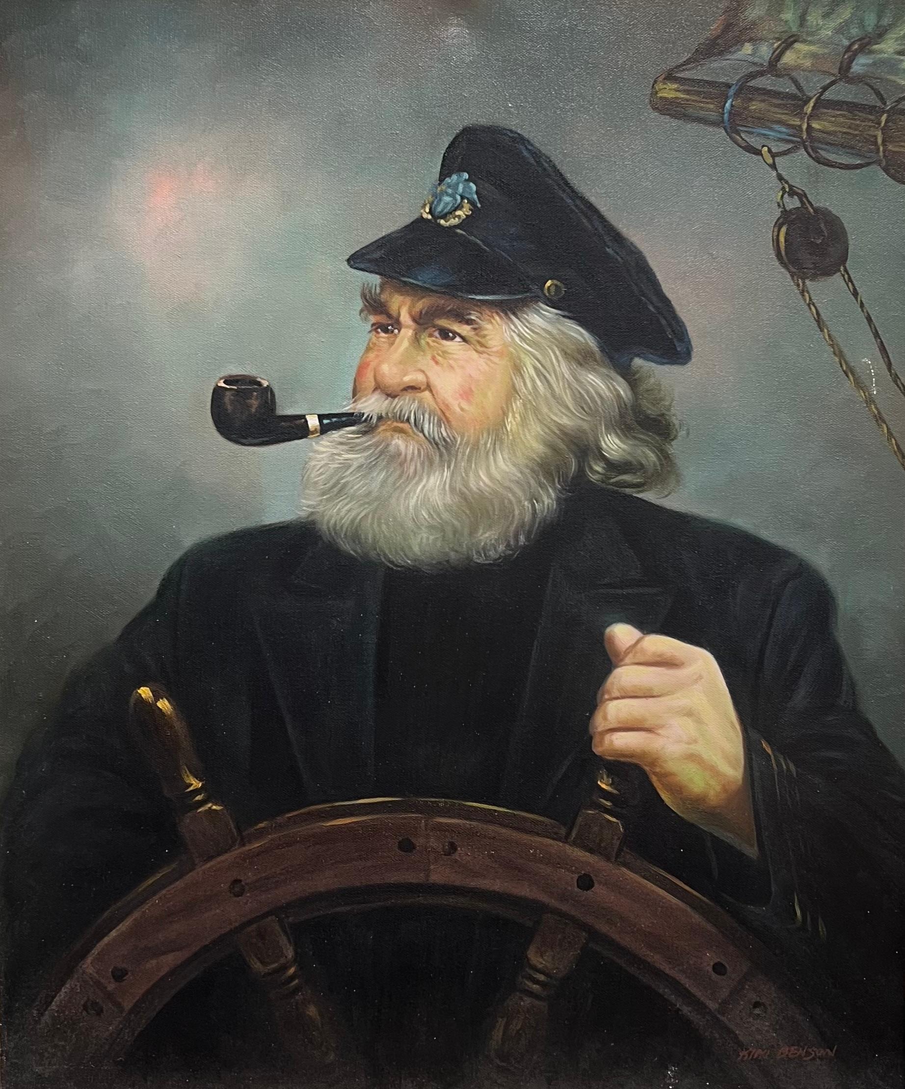 Capitano saldo al timone Ritratto di marinaio barbuto Capitano di pesca Olio - Painting di Kim Benson 