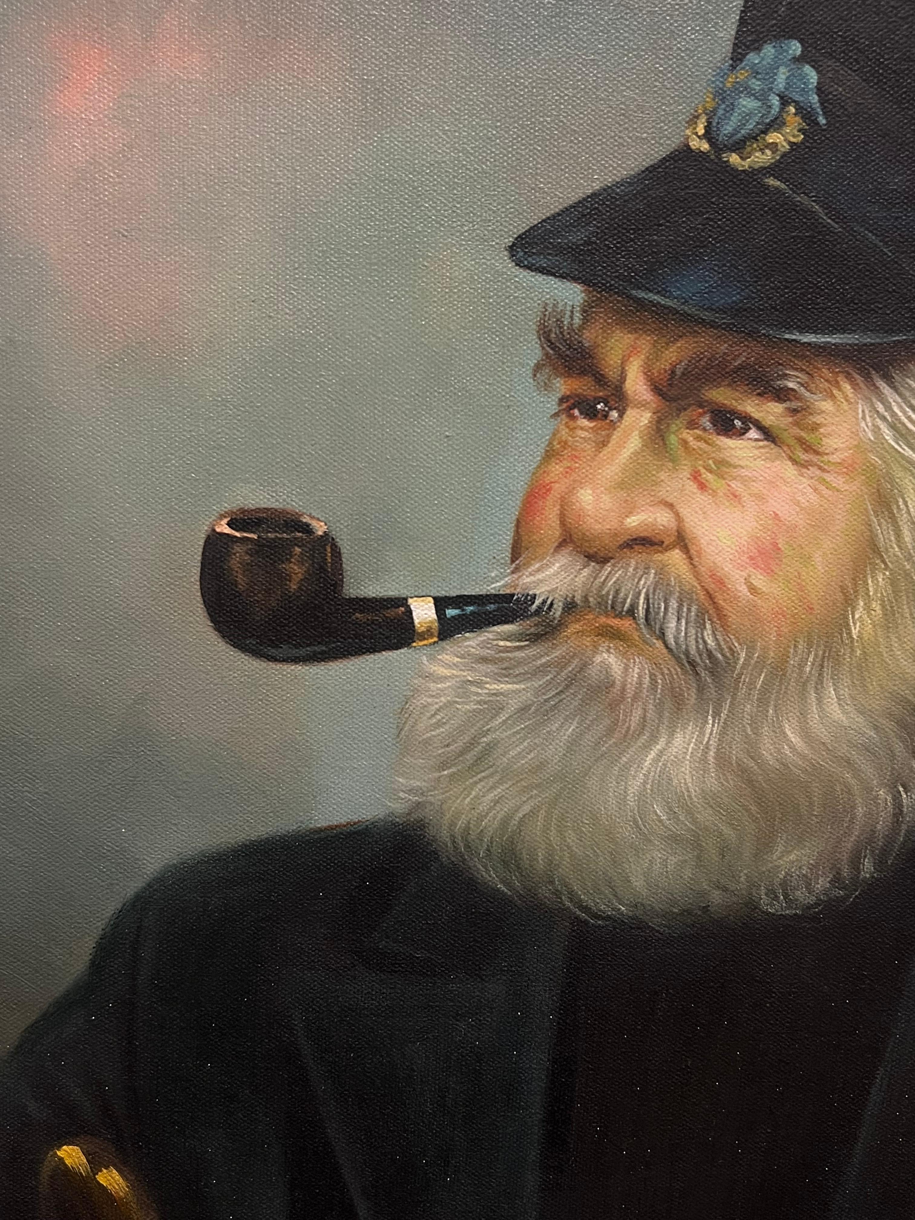 Capitano saldo al timone Ritratto di marinaio barbuto Capitano di pesca Olio - Figurative Painting Nero di Kim Benson 